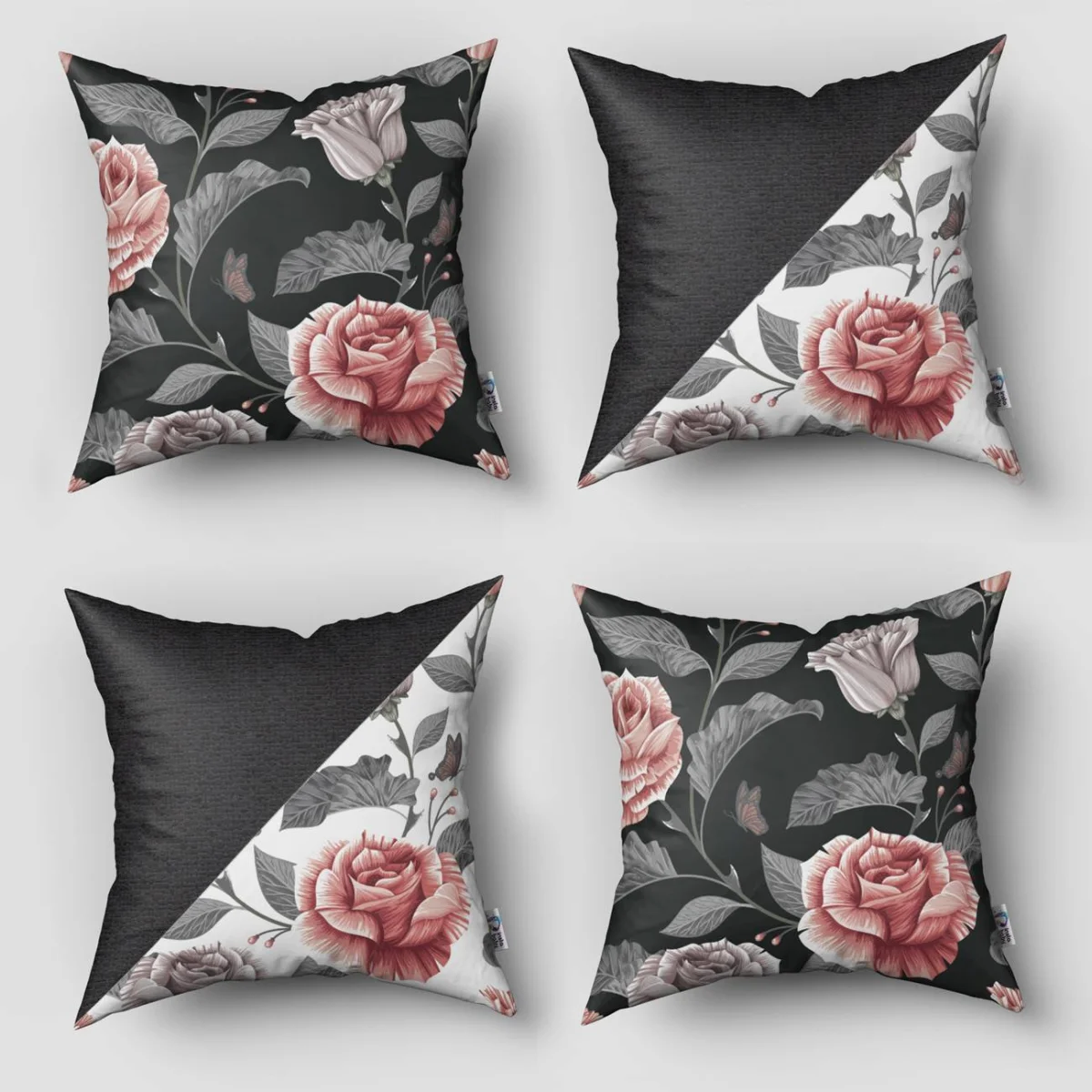 Çiçekli 4lü Kırlent | Siyah Güller, yapraklar Desenli