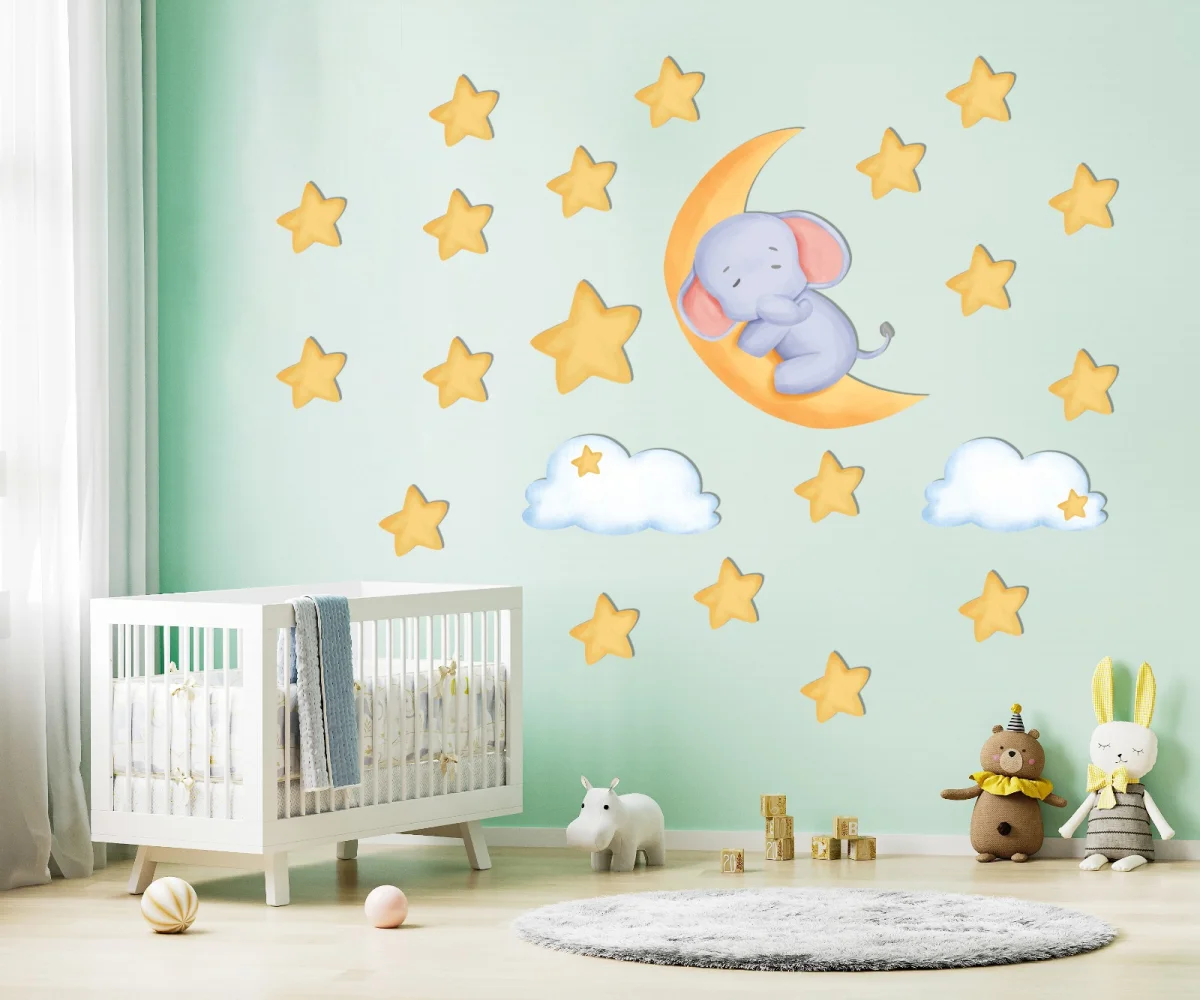 Uyuyan Fil ve Ay Tasarım Avize | Açık Yeşil yıldız, bulut Desenli