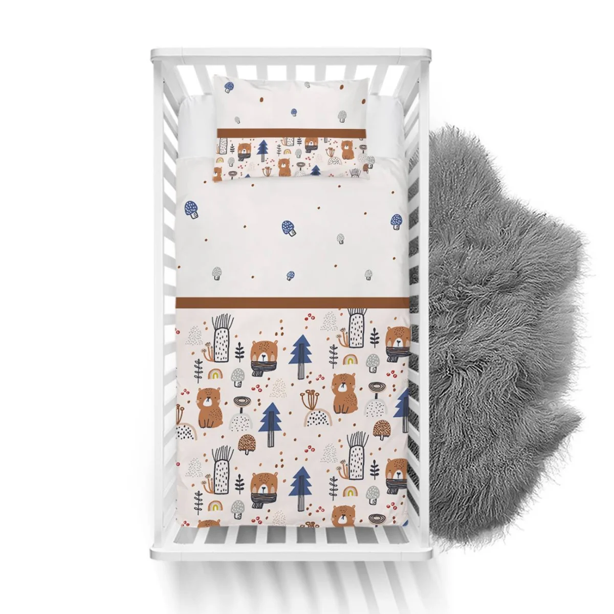 Orman Hayvanları Yatak Örtüsü ve Pike | Beyaz ayıcıklar, ağaçlar Desenli