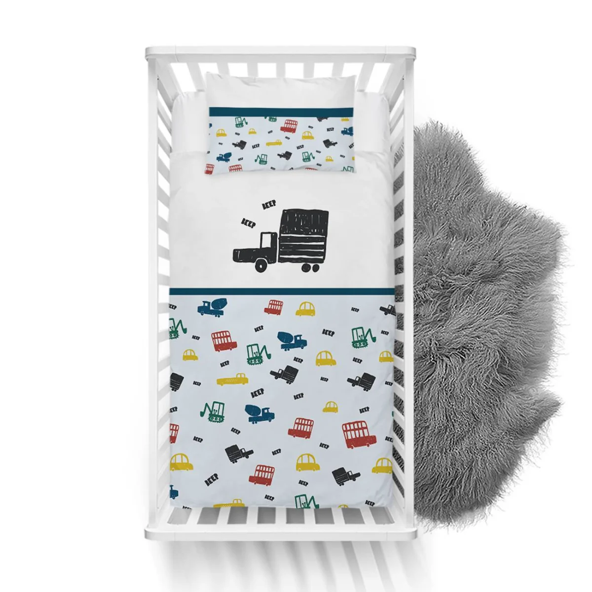 İnşaat Araçları, Taşıtlar Yatak Örtüsü ve Pike | Beyaz BEEP yazıları, renkli kamyon Desenli