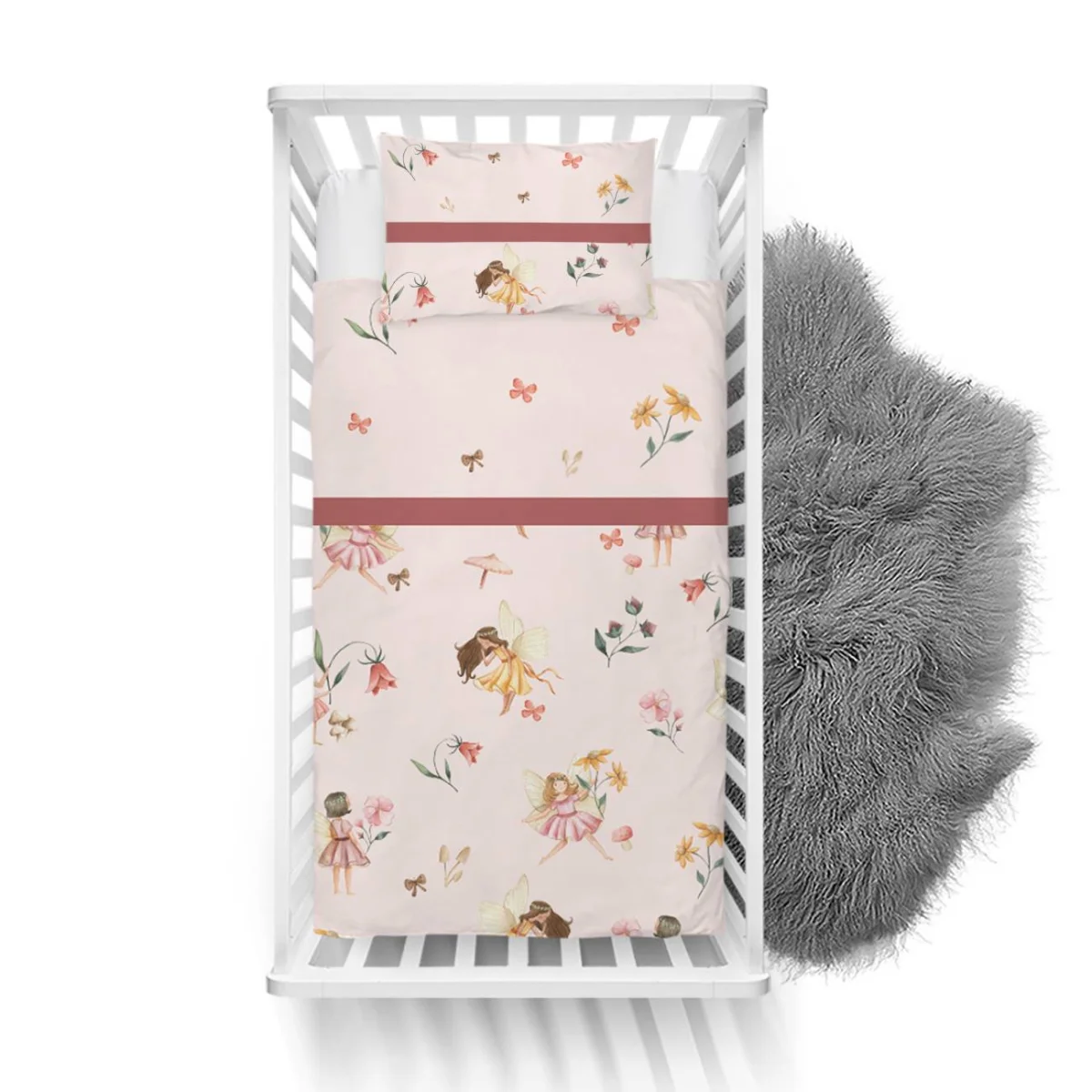 Periler Yatak Örtüsü ve Pike | Pembe Çiçekler, mantarlar ve kelebekler Desenli