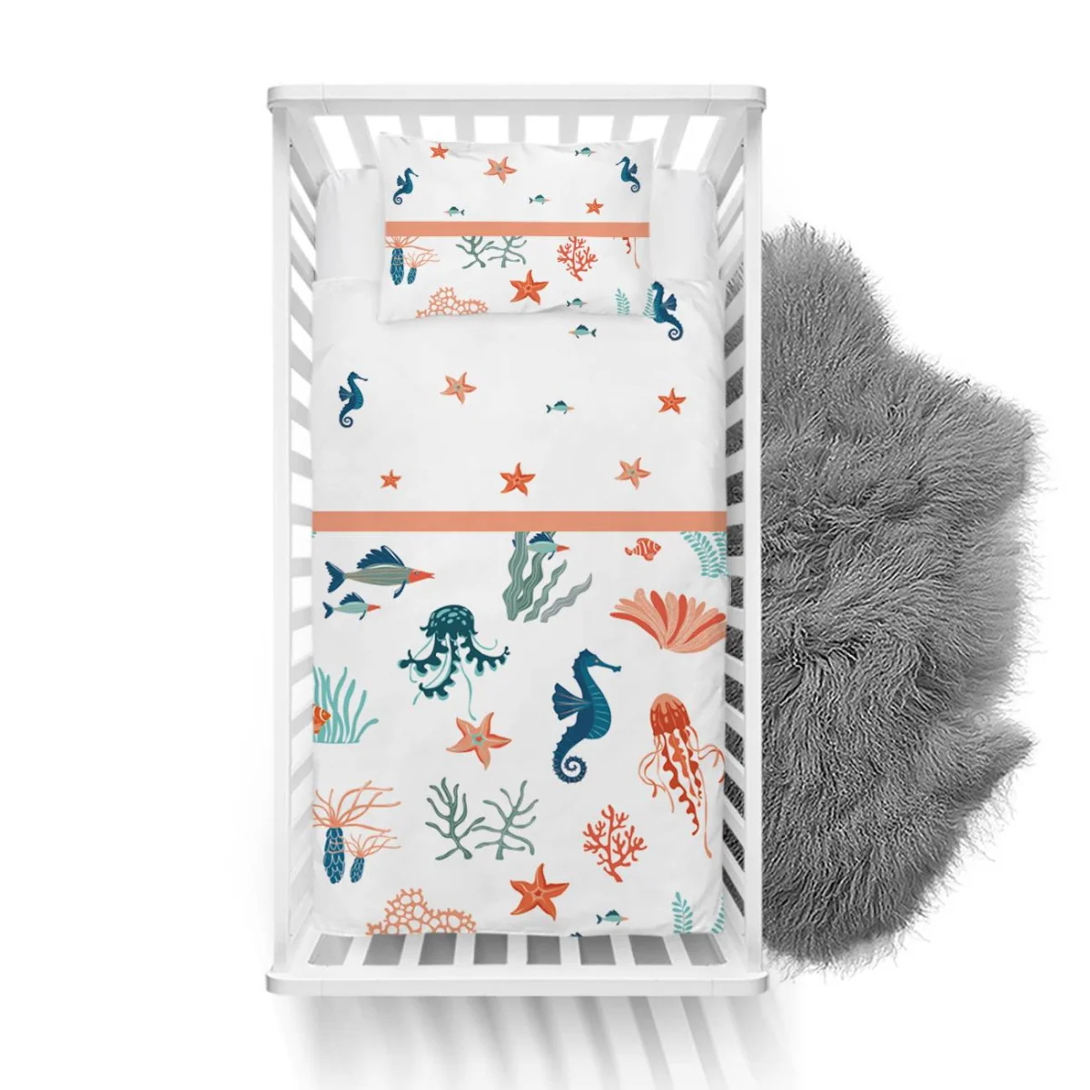 Deniz Canlıları Yatak Örtüsü ve Pike | Beyaz yıldızlar, deniz atları Desenli