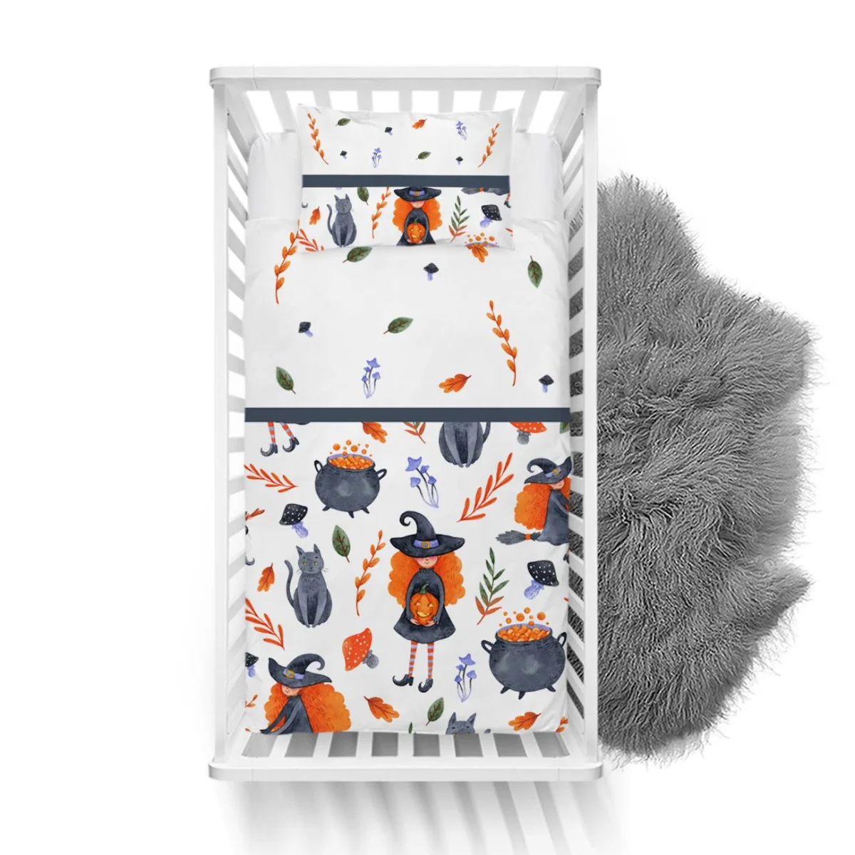 Cadı ve Halloween Yatak Örtüsü ve Pike | Beyaz cadı, kara kedi Desenli