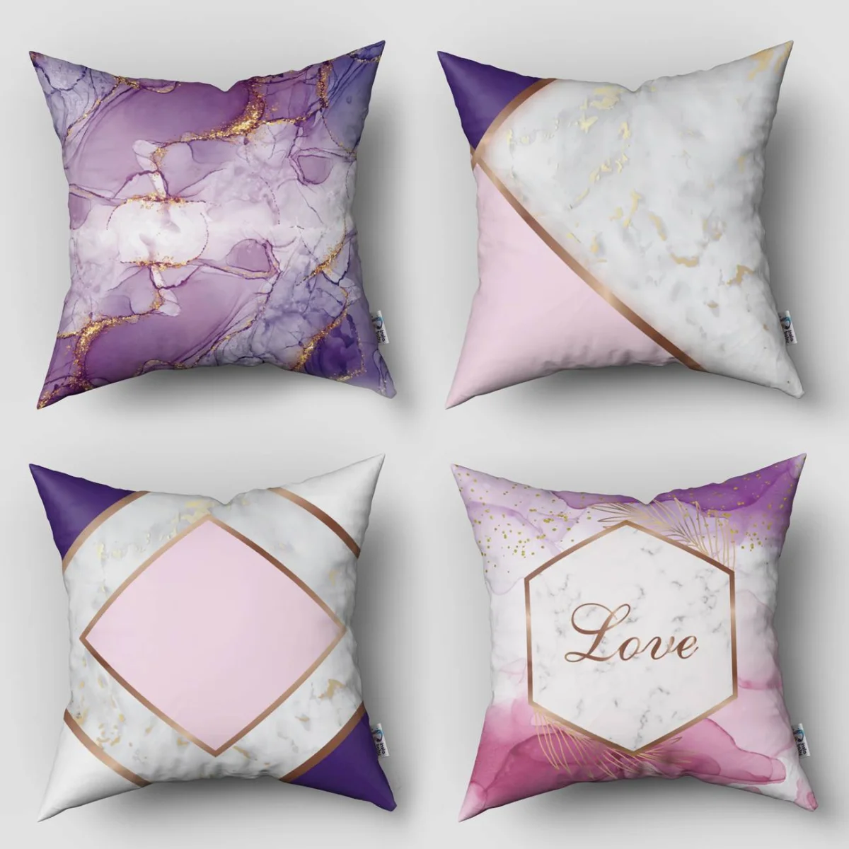 Mermer ve geometrik desenler 4lü Kırlent | Beyaz altın detaylar, soyut Desenli