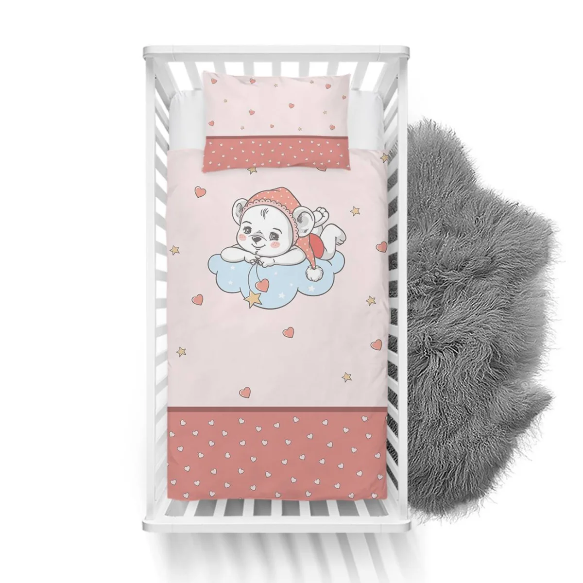 Ayıcık Yatak Örtüsü ve Pike | Pembe Ayıcık, bulut Desenli