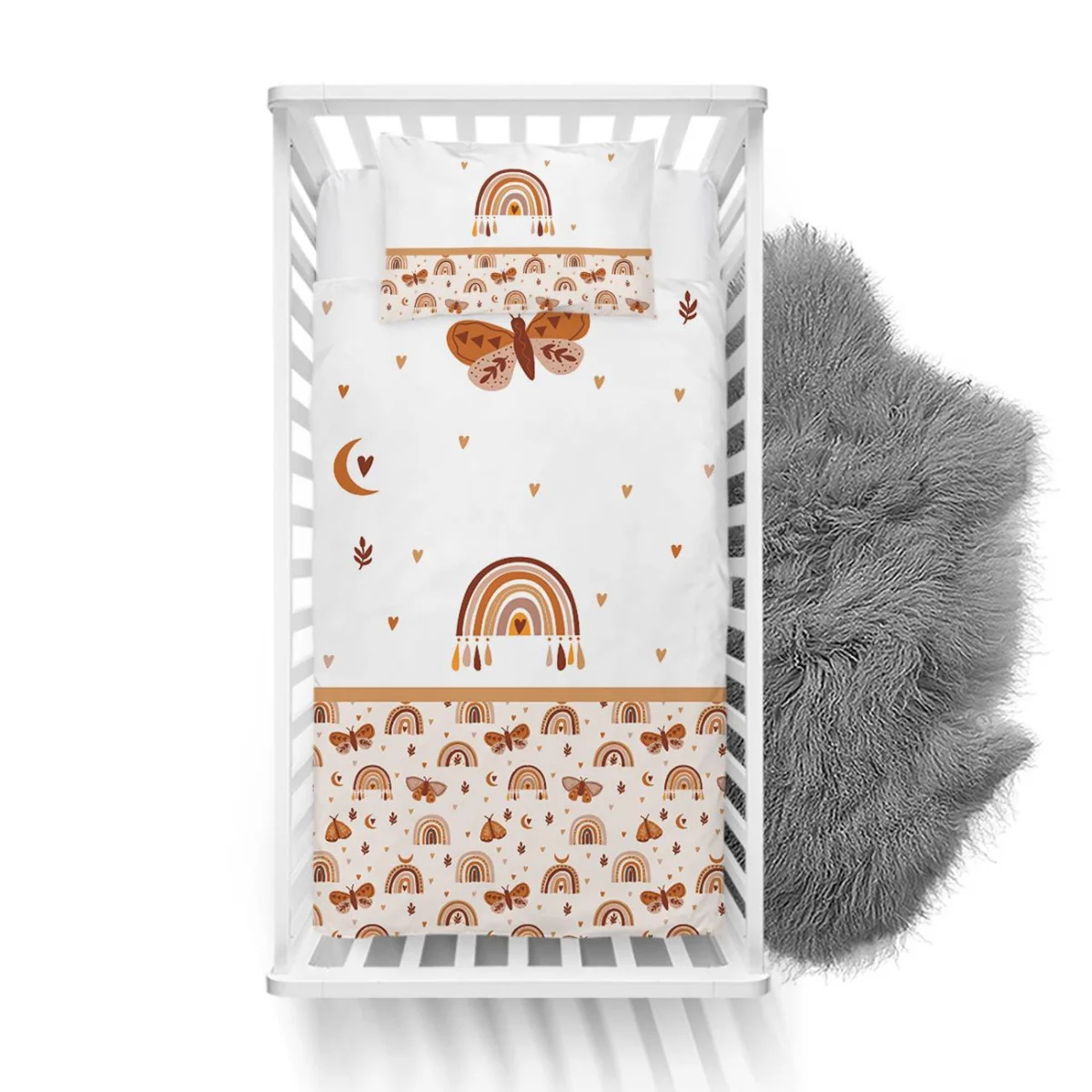 Gökkuşağı Yatak Örtüsü ve Pike | Beyaz Ay, kalpler Desenli