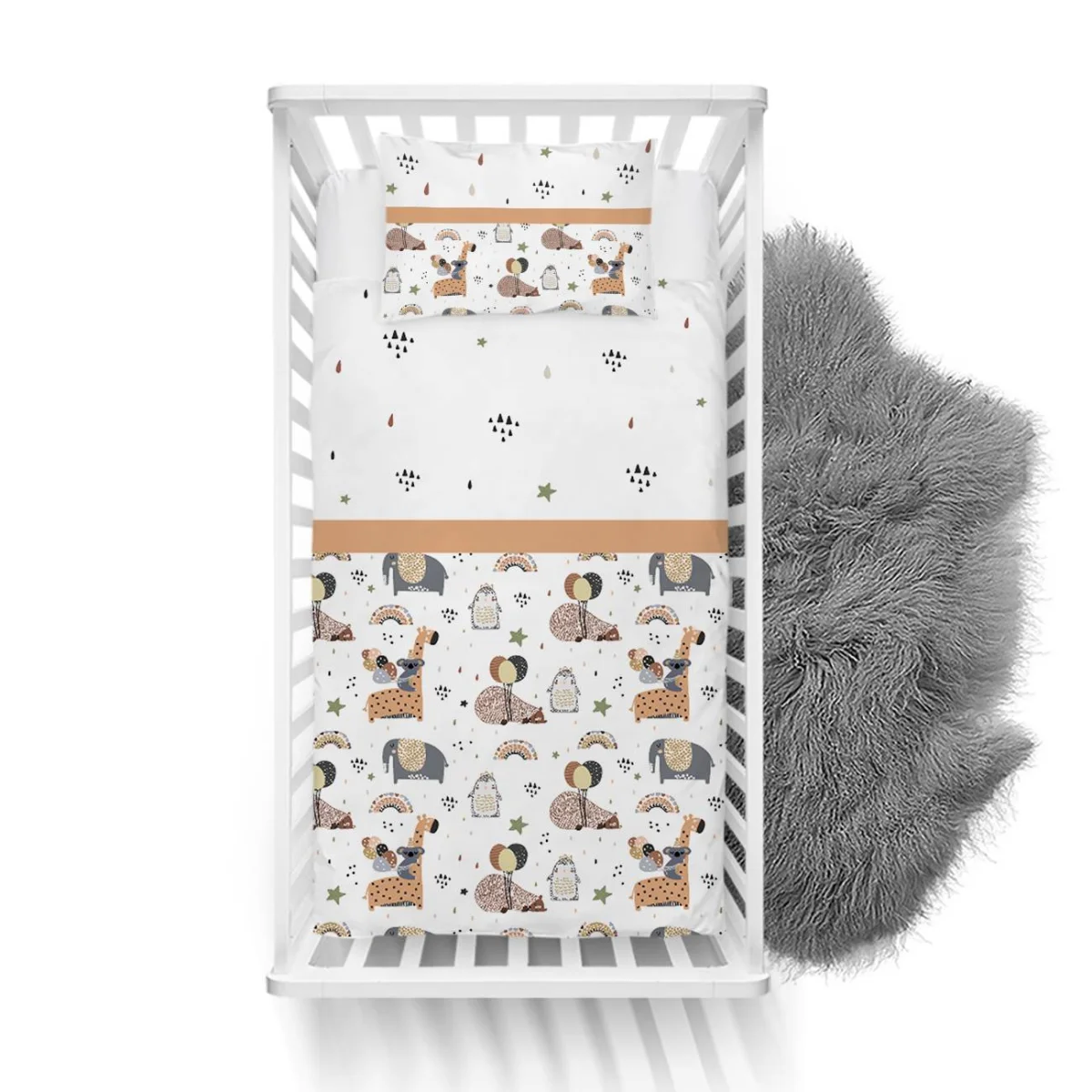 Orman Hayvanları Yatak Örtüsü ve Pike | Beyaz yıldızlar, gökkuşağı Desenli