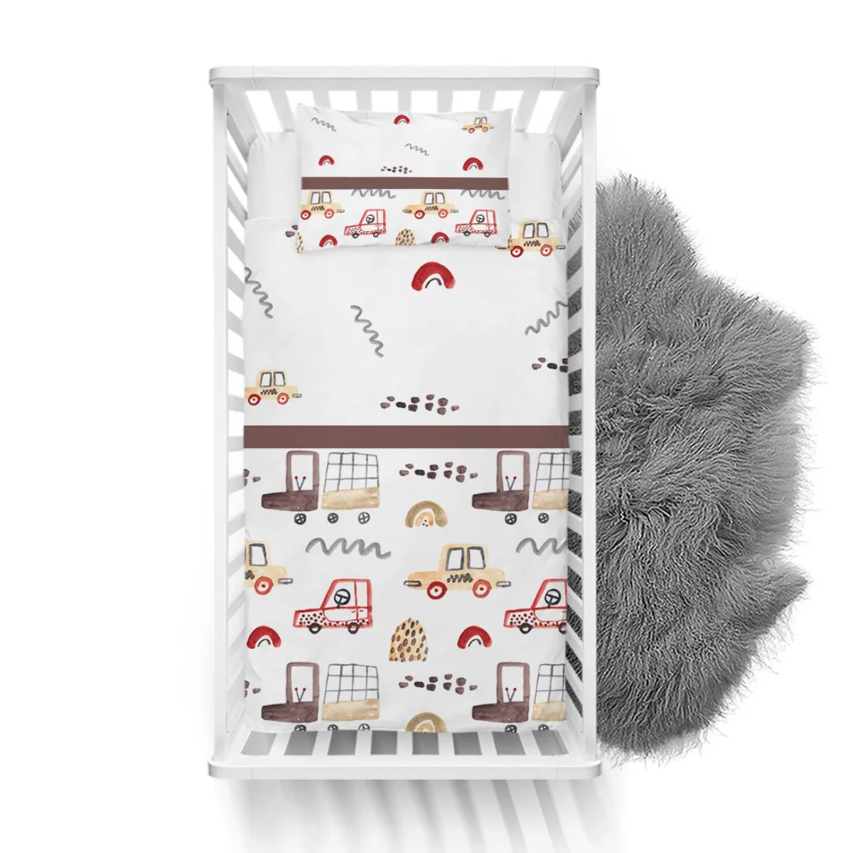 Araçlar Yatak Örtüsü ve Pike | Beyaz arabalar, kamyonlar Desenli