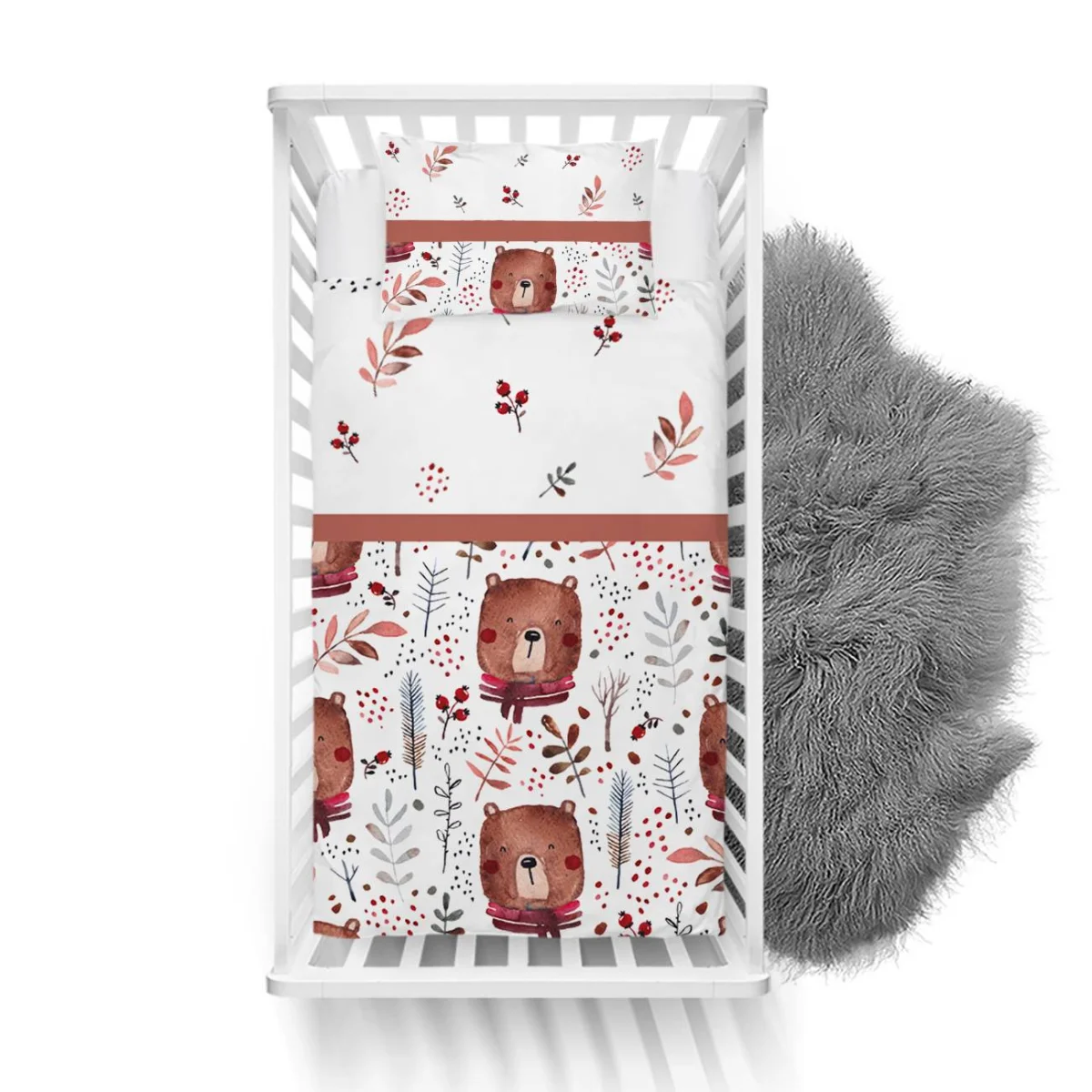Orman Hayvanları Yatak Örtüsü ve Pike | Beyaz yapraklar, kırmızı meyveler Desenli