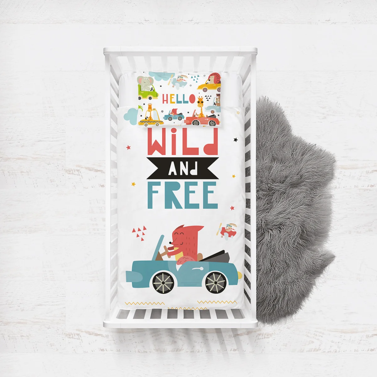 Hayvanlar ve araçlar Yatak Örtüsü ve Pike | Beyaz Bulutlar, yıldızlar Desenli