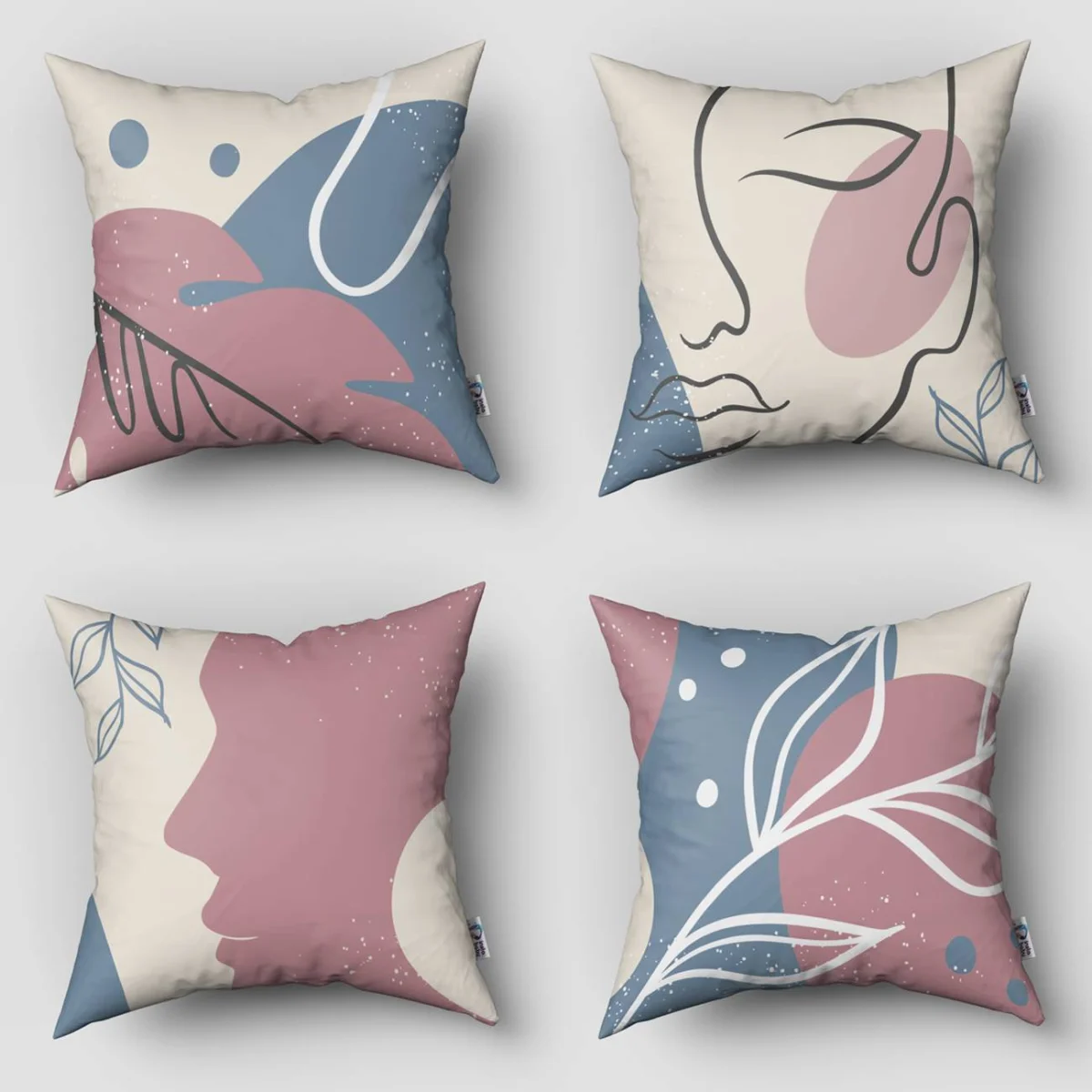 Soyut Yüzler ve Yapraklar 4lü Kırlent | Pudra Pembe, Mavi Soyut şekiller, minimalist yüzler Desenli