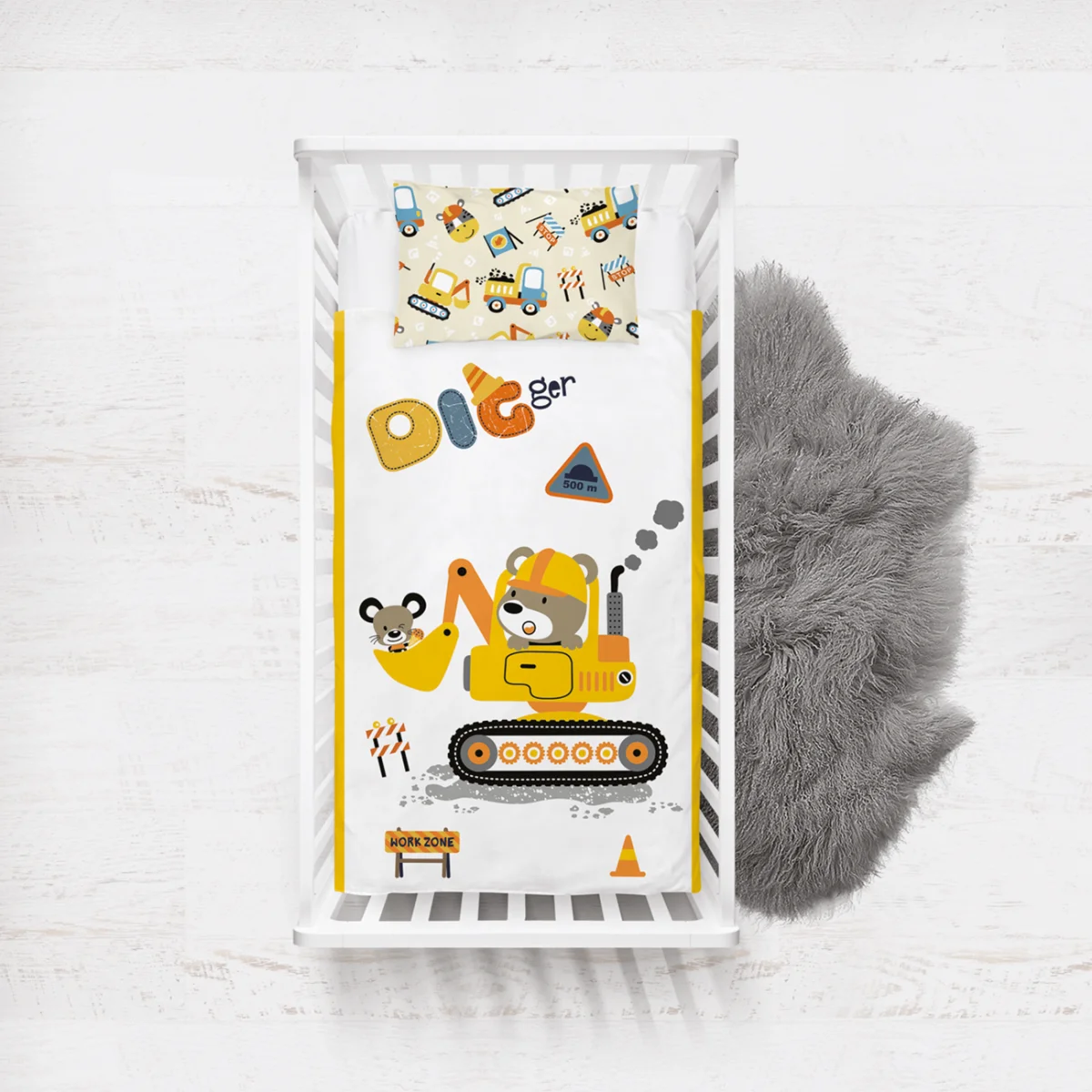 İş Makineleri ve Şantiye Hayvanları Yatak Örtüsü ve Pike | Beyaz iş makineleri, sevimli hayvanlar Desenli