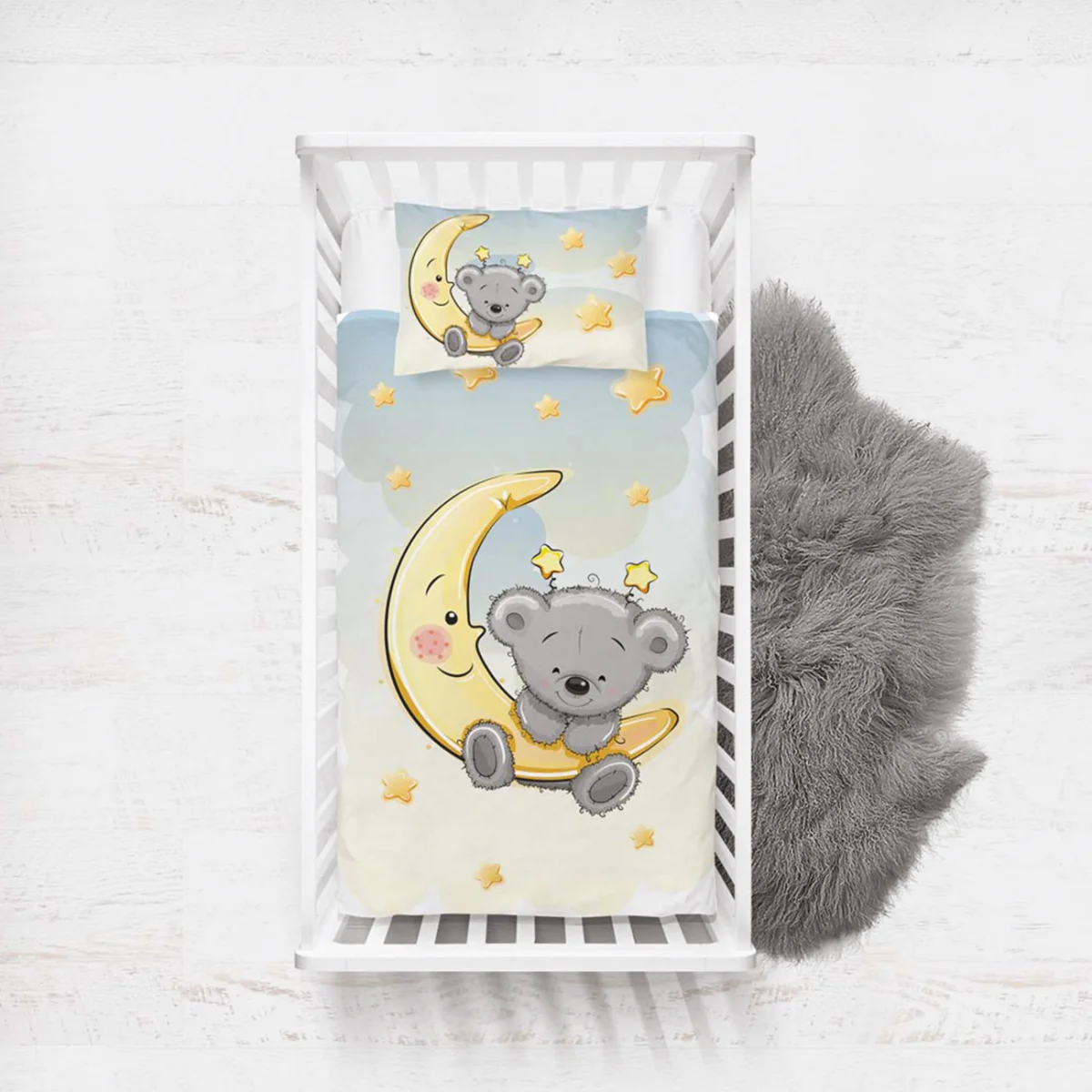 Ayda Ayıcık Yatak Örtüsü ve Pike | Beyaz yıldız, bulut Desenli