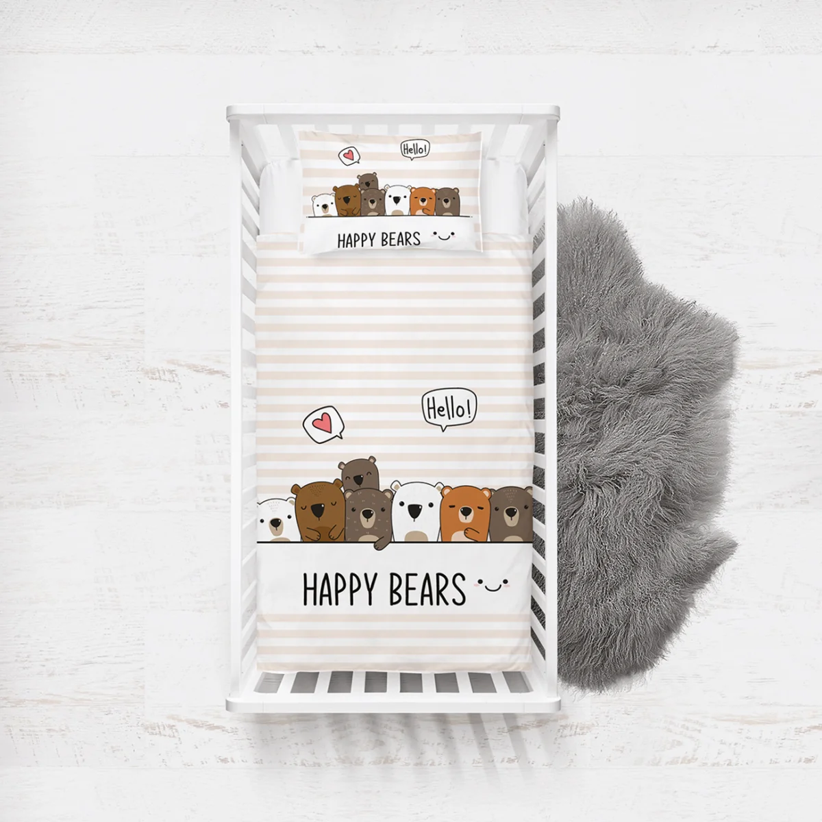 Ayılar Yatak Örtüsü ve Pike | Beyaz çizgili, kalpler Desenli