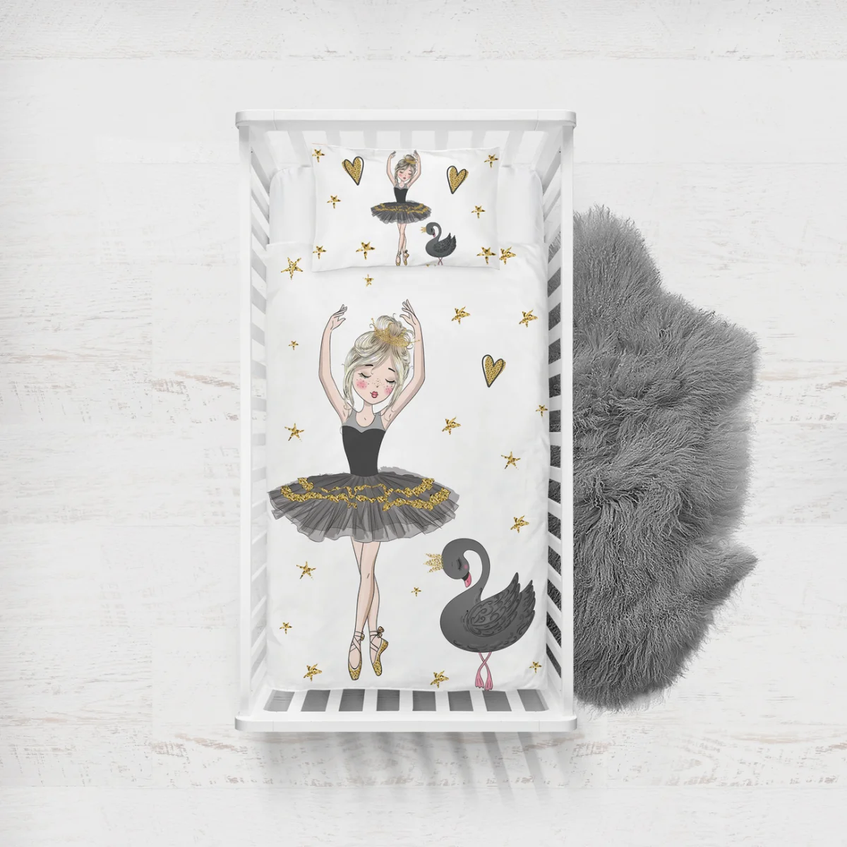 Balerin ve Kuğu Yatak Örtüsü ve Pike | Beyaz Altın yıldızlar, kalpler Desenli