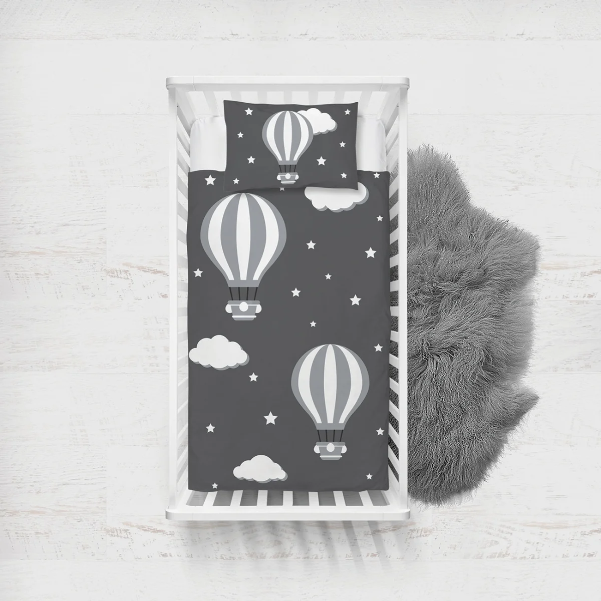 Sıcak Hava Balonları Yatak Örtüsü ve Pike | Gri yıldız, bulut Desenli