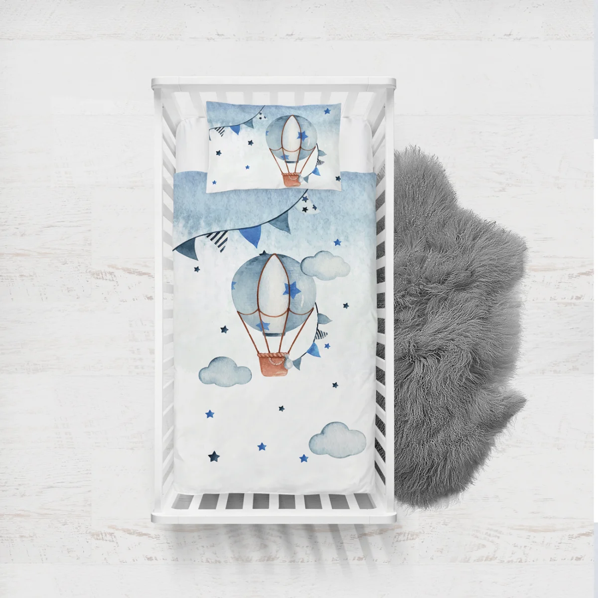 Sıcak hava balonu Yatak Örtüsü ve Pike | Beyaz yıldız, bulut Desenli