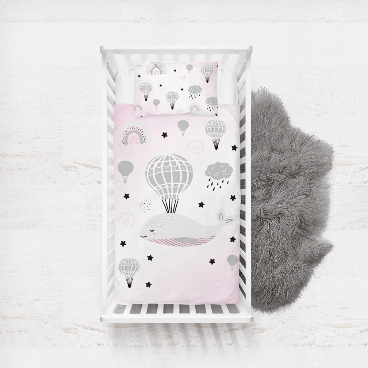 Uçan balina Yatak Örtüsü ve Pike | Beyaz Sıcak hava balonu, gökkuşağı Desenli