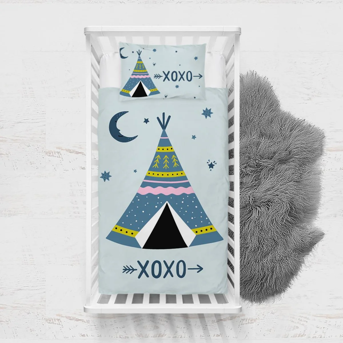 Çadır (Teepee) Yatak Örtüsü ve Pike | Mavi Ay, yıldızlar Desenli