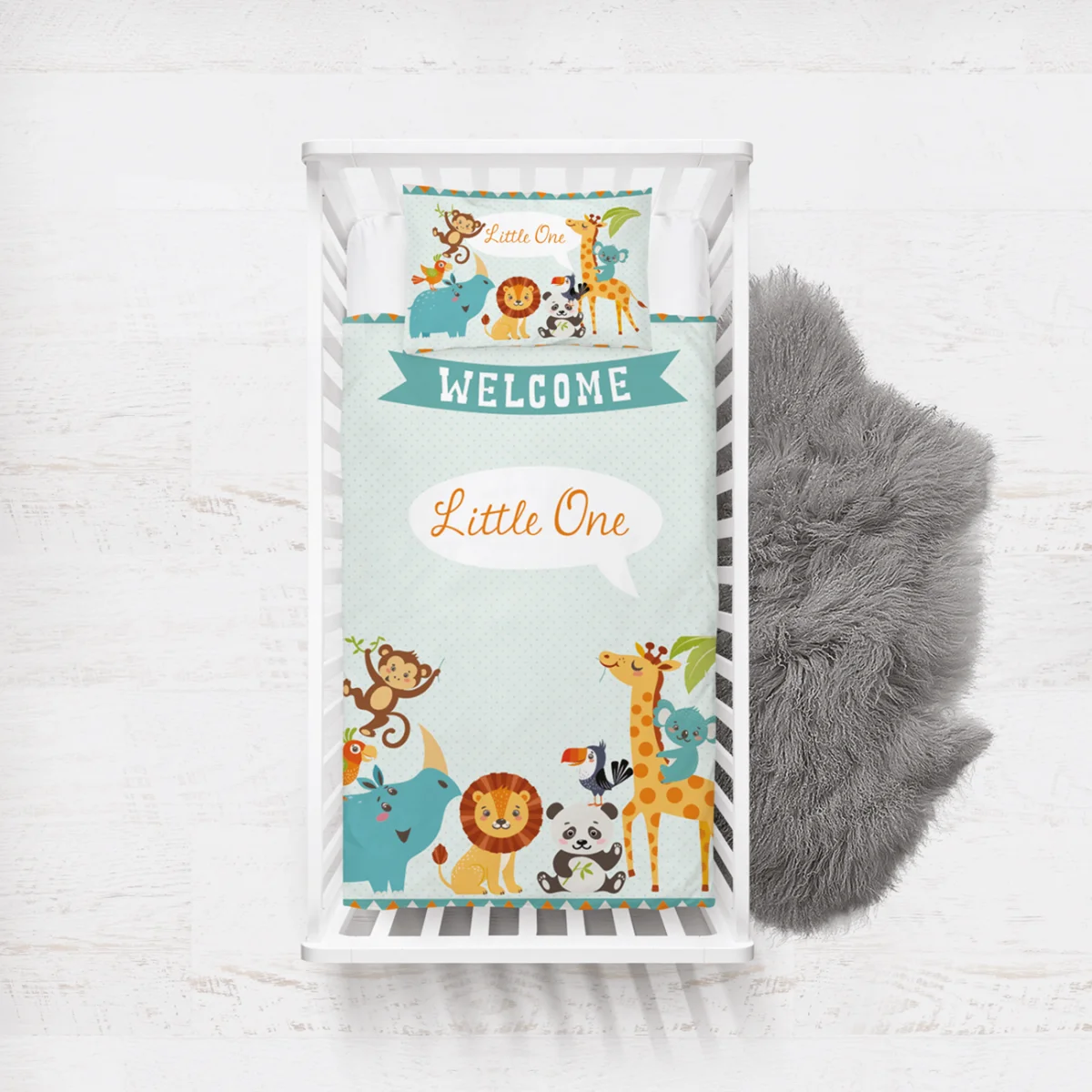 Orman Hayvanları Yatak Örtüsü ve Pike | Açık Mavi Küçük puantiyeler, konuşma balonları Desenli