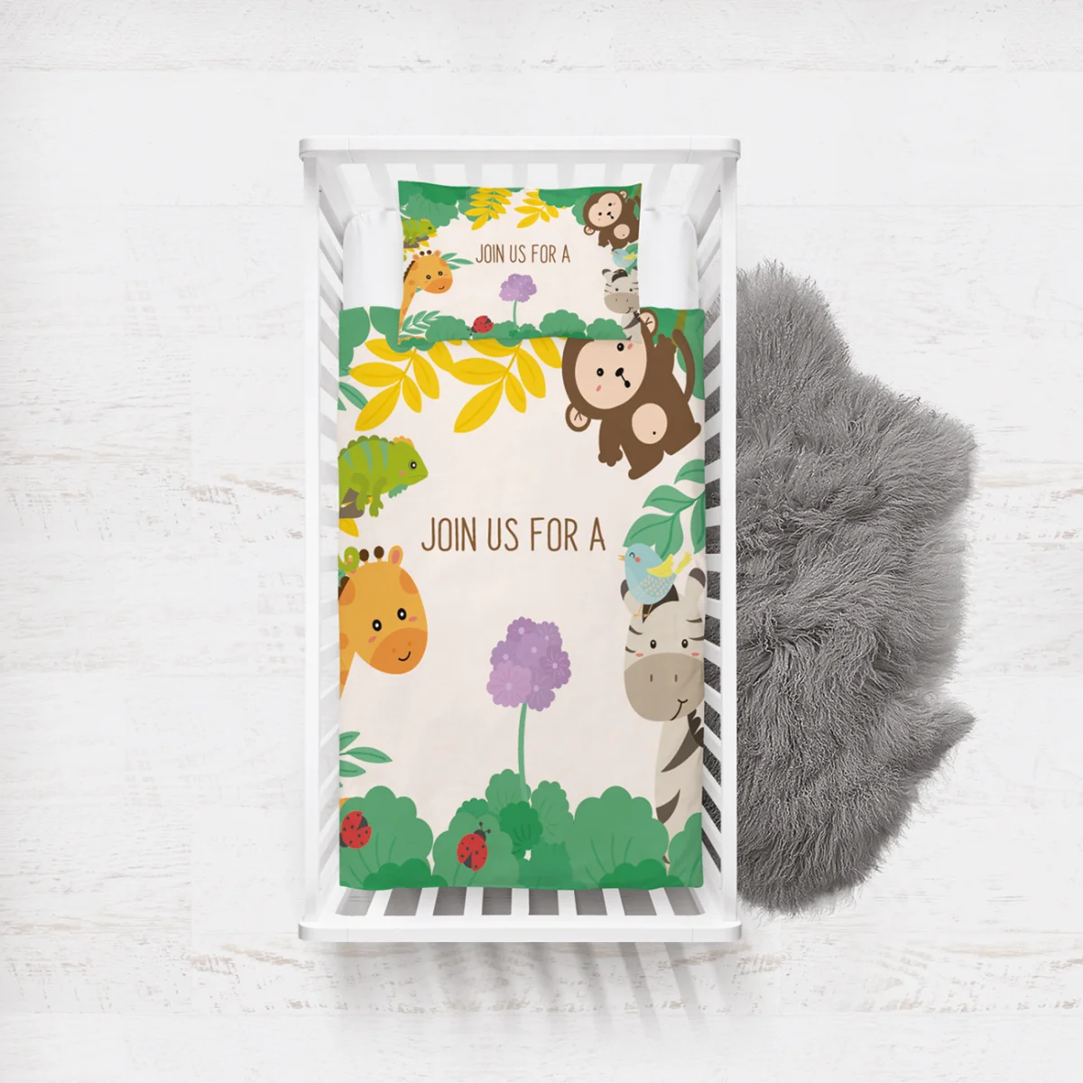 Orman Hayvanları Yatak Örtüsü ve Pike | Krem Yapraklar, çiçekler Desenli