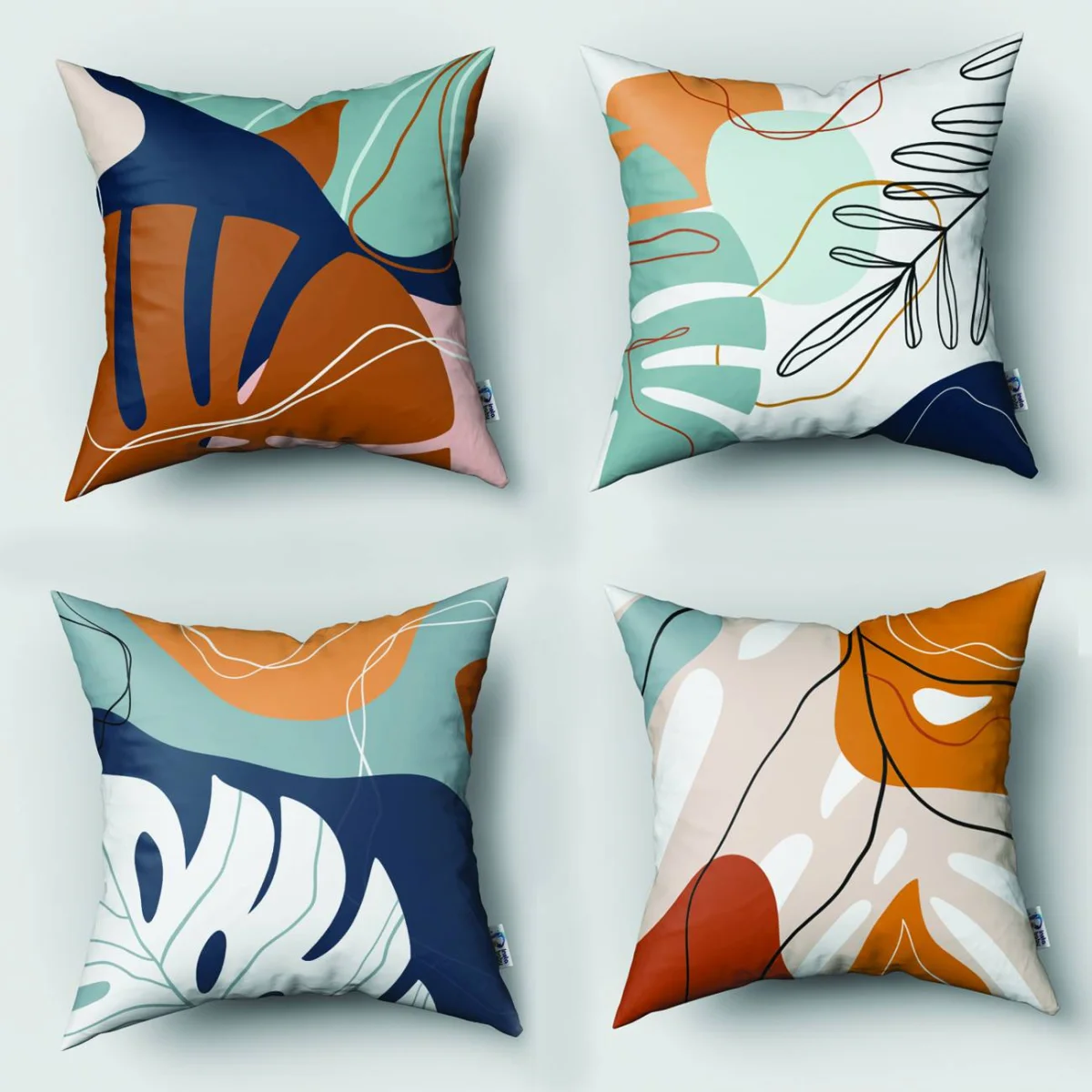 Soyut Tropikal Yapraklar 4lü Kırlent | Çok Renkli Soyut şekiller, bitki yaprağı çizimleri Desenli