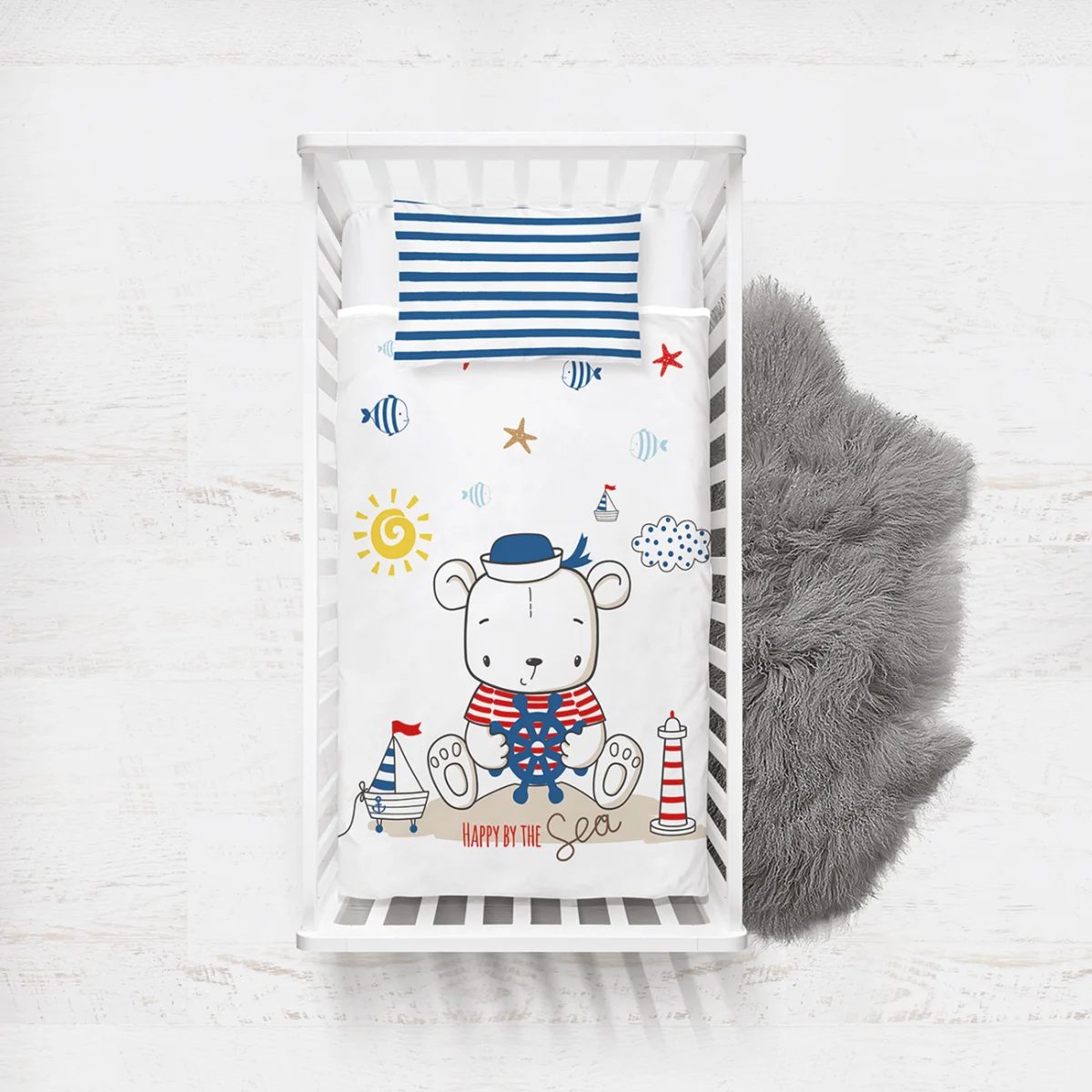 Denizci Ayı Yatak Örtüsü ve Pike | Beyaz balık, yıldız Desenli