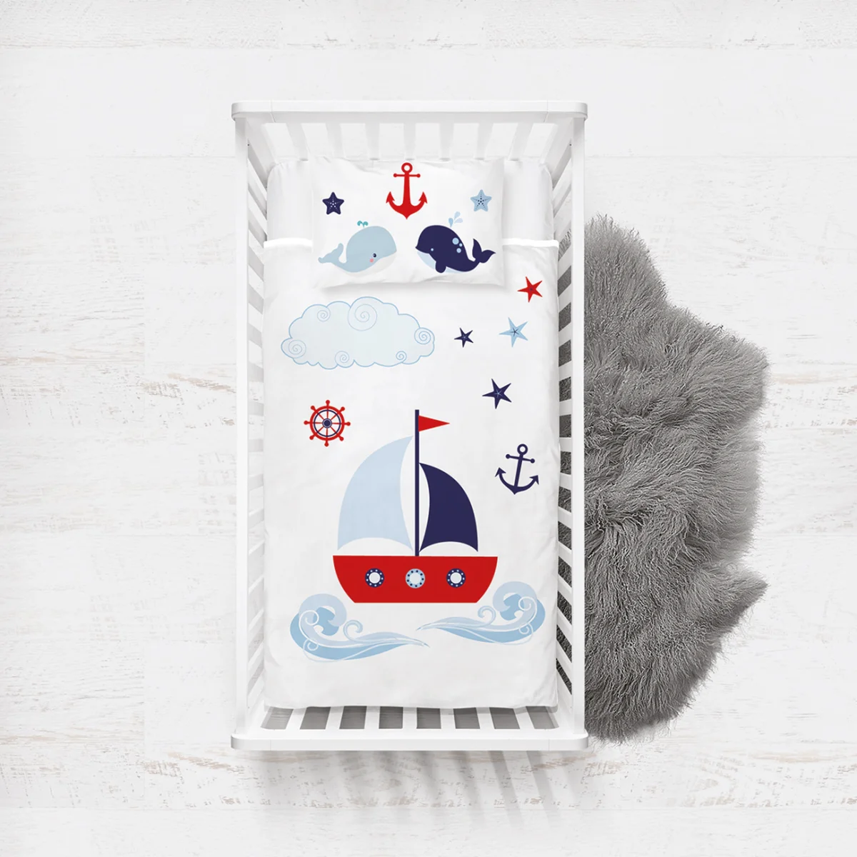 Denizcilik Yatak Örtüsü ve Pike | Beyaz bulut, yıldız Desenli