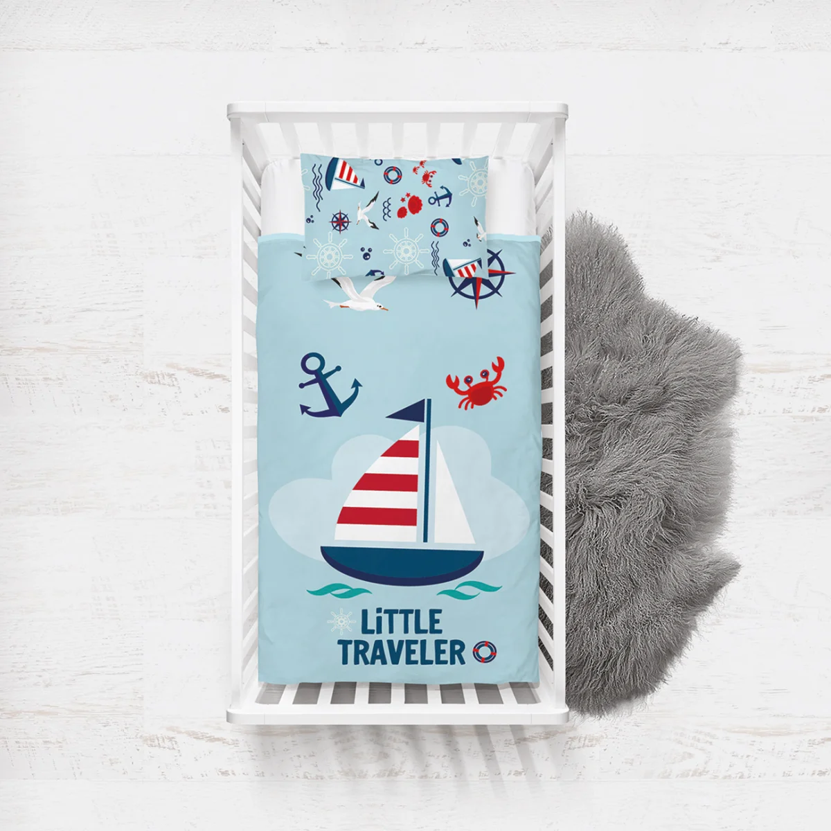 Denizcilik Yatak Örtüsü ve Pike | Açık Mavi yelkenli, martı Desenli