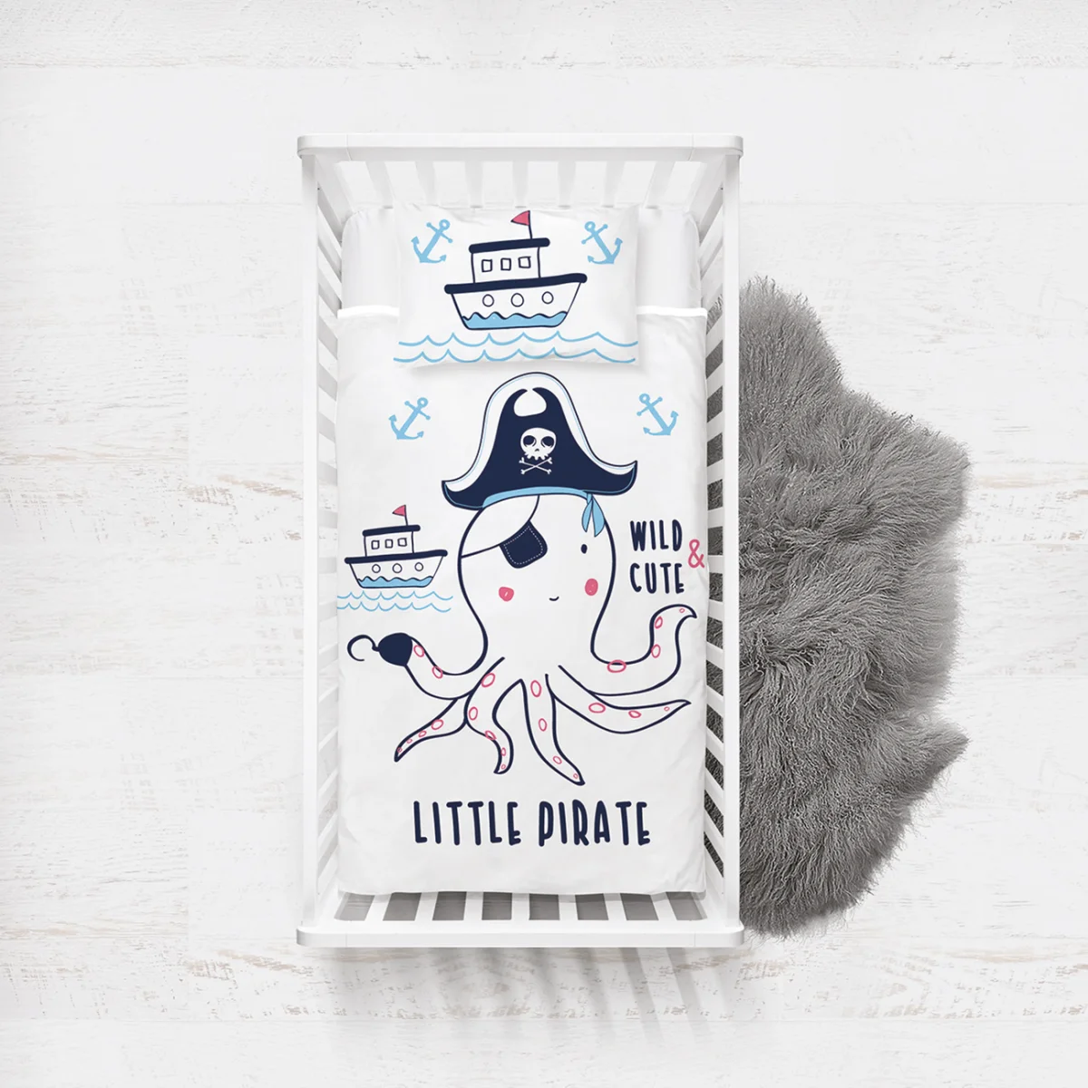 Korsan Yatak Örtüsü ve Pike | Beyaz Gemiler, ahtapot Desenli