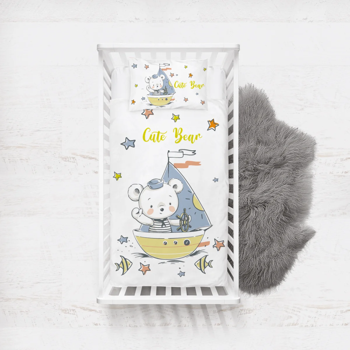 Denizci Ayı Yatak Örtüsü ve Pike | Beyaz yıldızlar, balıklar Desenli