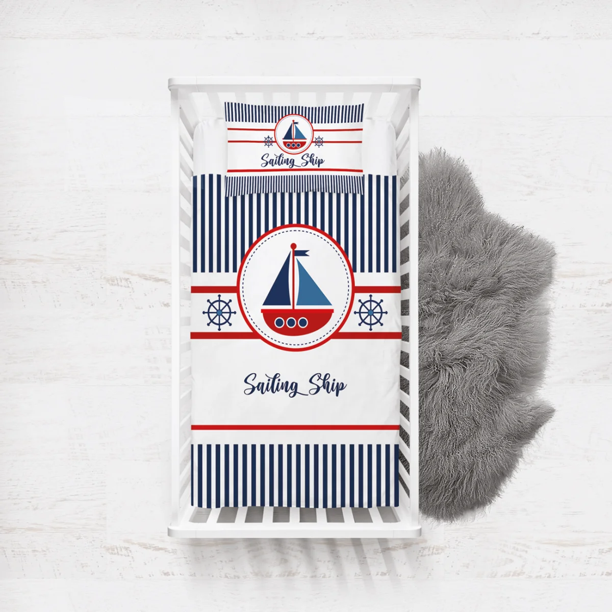 Yelkenli Gemi Yatak Örtüsü ve Pike | Beyaz yelkenli gemi, gemi dümeni Desenli