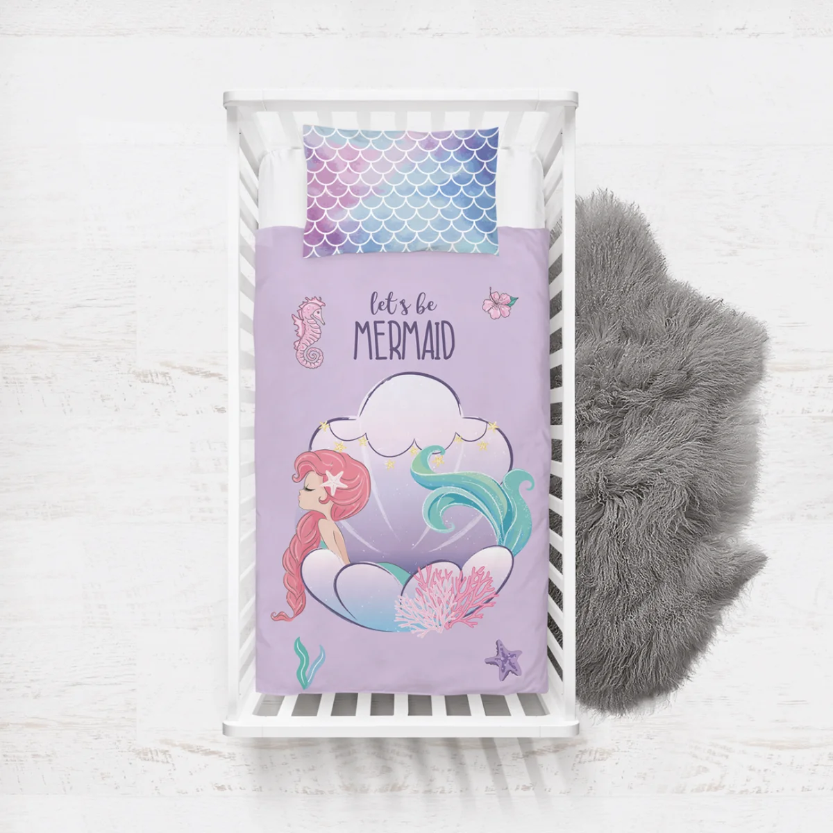 Deniz Kızı Yatak Örtüsü ve Pike | Mor deniz atı, bulut Desenli