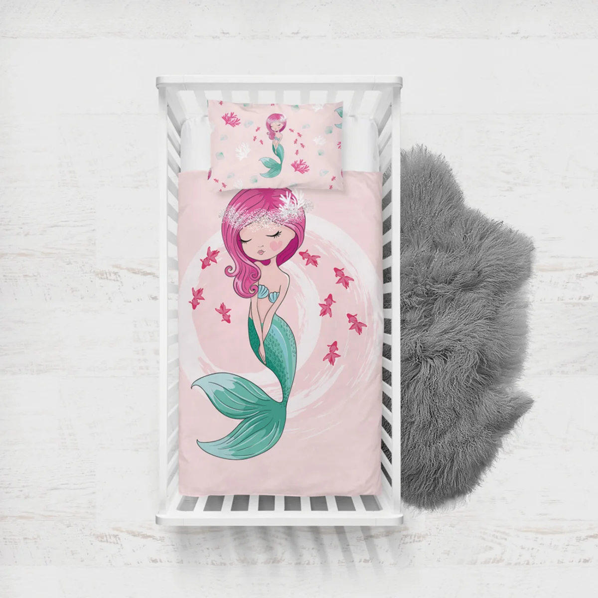 Deniz Kızı Yatak Örtüsü ve Pike | Pembe küçük pembe balıklar, mercanlar Desenli