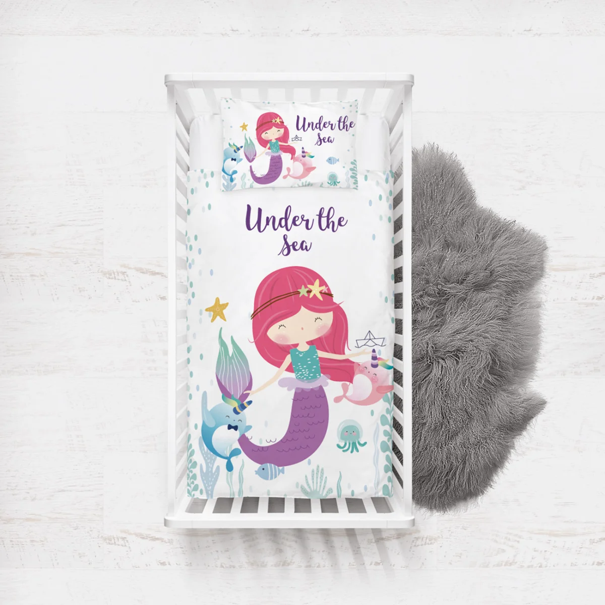 Deniz Kızı ve Deniz Altı Yatak Örtüsü ve Pike | Beyaz Deniz kızı, narval Desenli