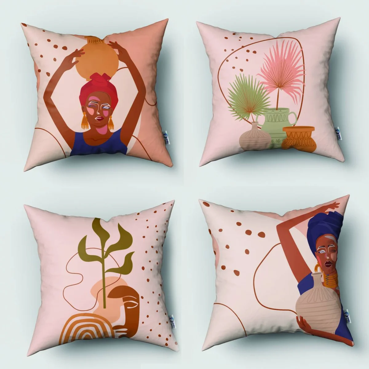 Etnik soyut kadın figürleri ve bitki motifleri 4lü Kırlent | Pembe Soyut çizgiler, noktalar Desenli