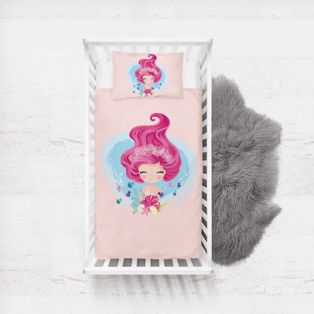 Deniz Kızı Yatak Örtüsü ve Pike | Pembe Mercan, deniz kabukları Desenli