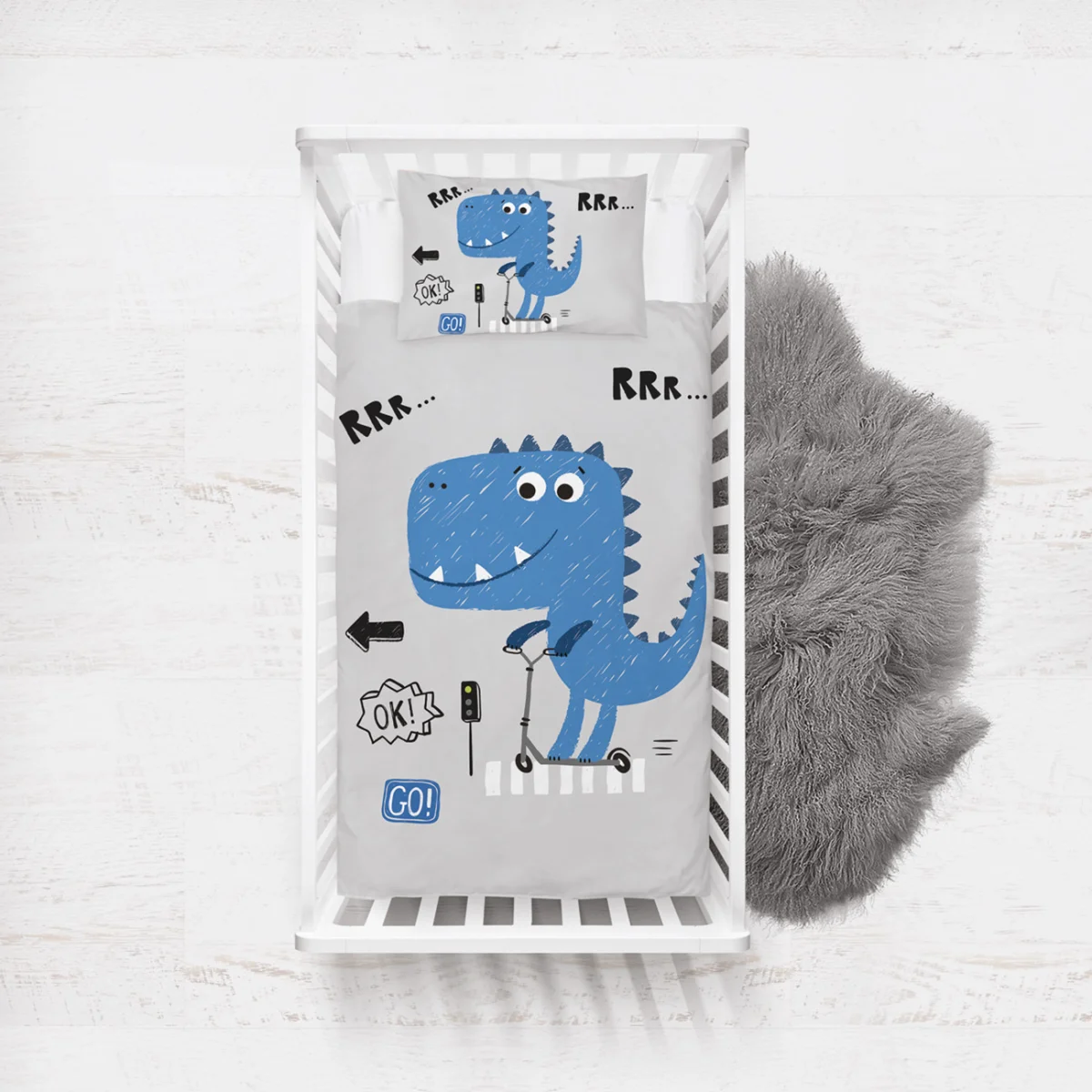 Dinozor Yatak Örtüsü ve Pike | Gri scooter, trafik ışığı Desenli