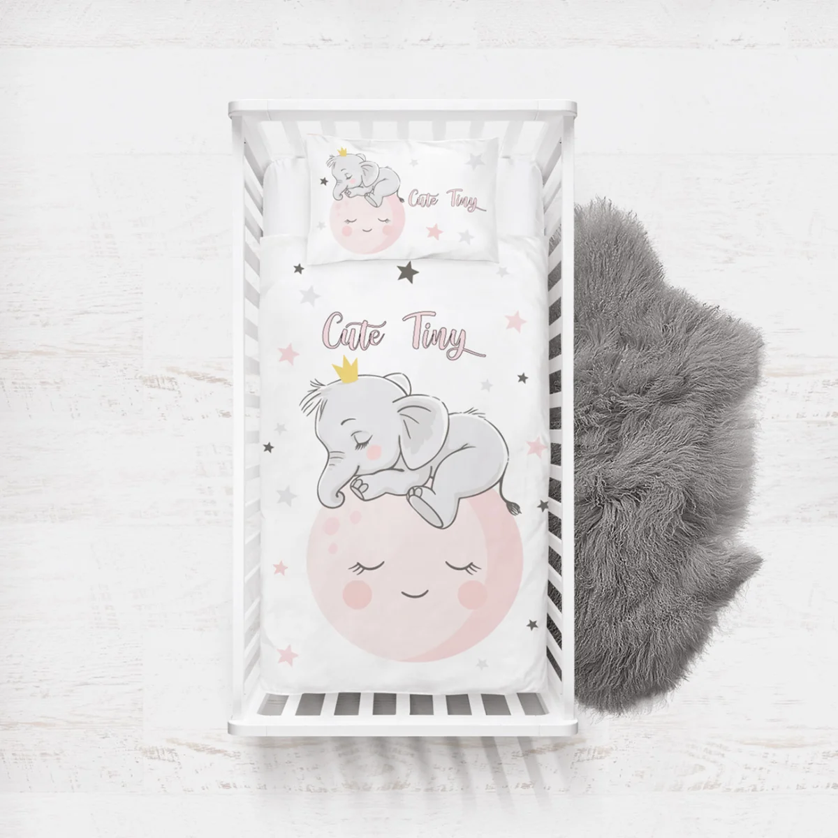 Uyuyan Fil, Ay Yatak Örtüsü ve Pike | Beyaz yıldızlar, ay Desenli