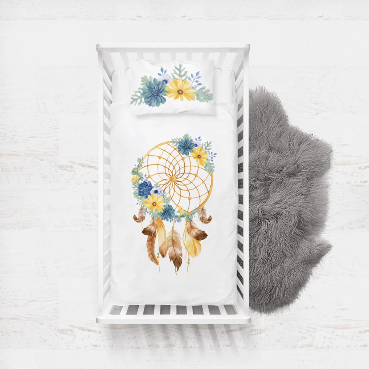 Düş kapanı, Çiçekler Yatak Örtüsü ve Pike | Beyaz sarı, mavi ve turkuaz çiçekler Desenli