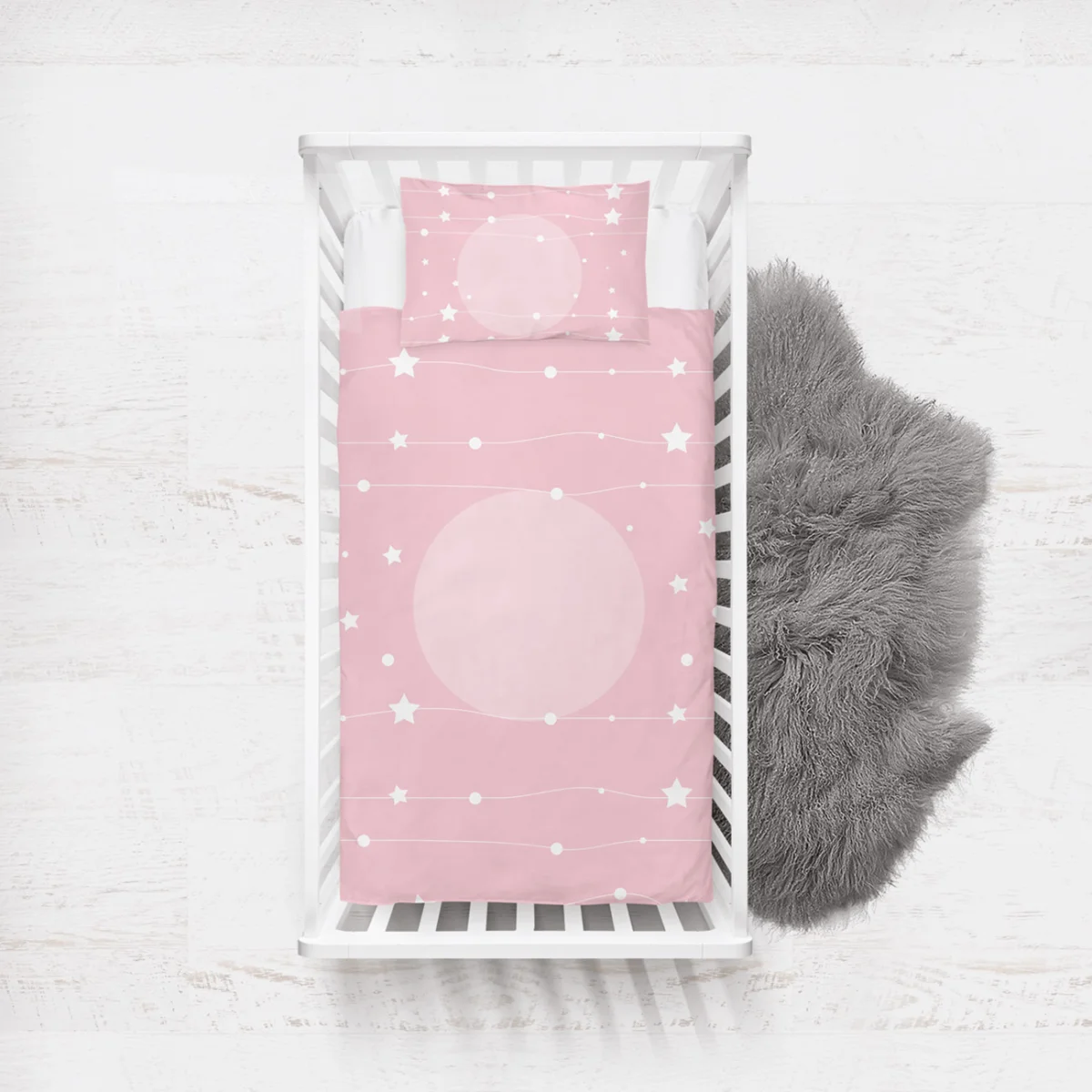 Uzay Yatak Örtüsü ve Pike | Pembe yıldızlar, daireler Desenli