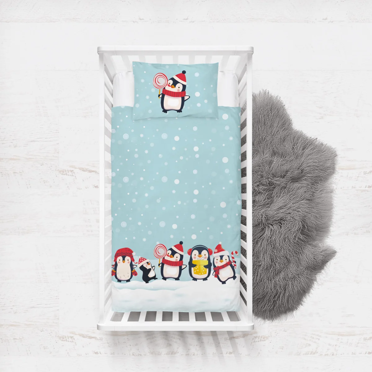 Penguen Yatak Örtüsü ve Pike | Mavi Kar taneleri, kar Desenli
