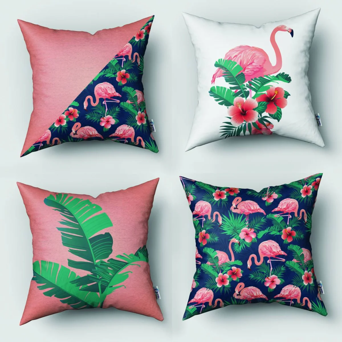Flamingo 4lü Kırlent | Pembe tropikal yapraklar, hibiskus çiçekleri Desenli