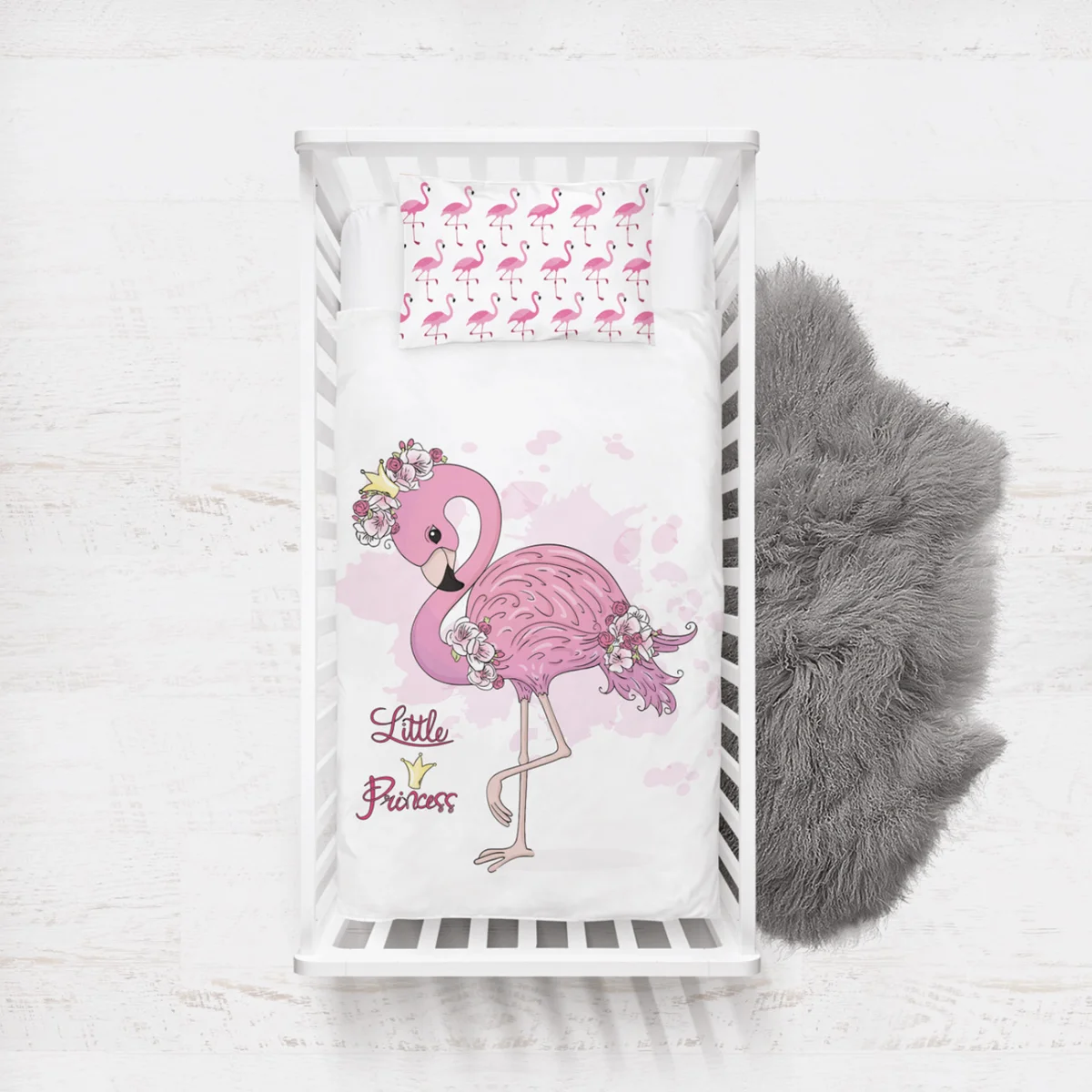 Flamingo Yatak Örtüsü ve Pike | Beyaz Çiçekler, taç Desenli