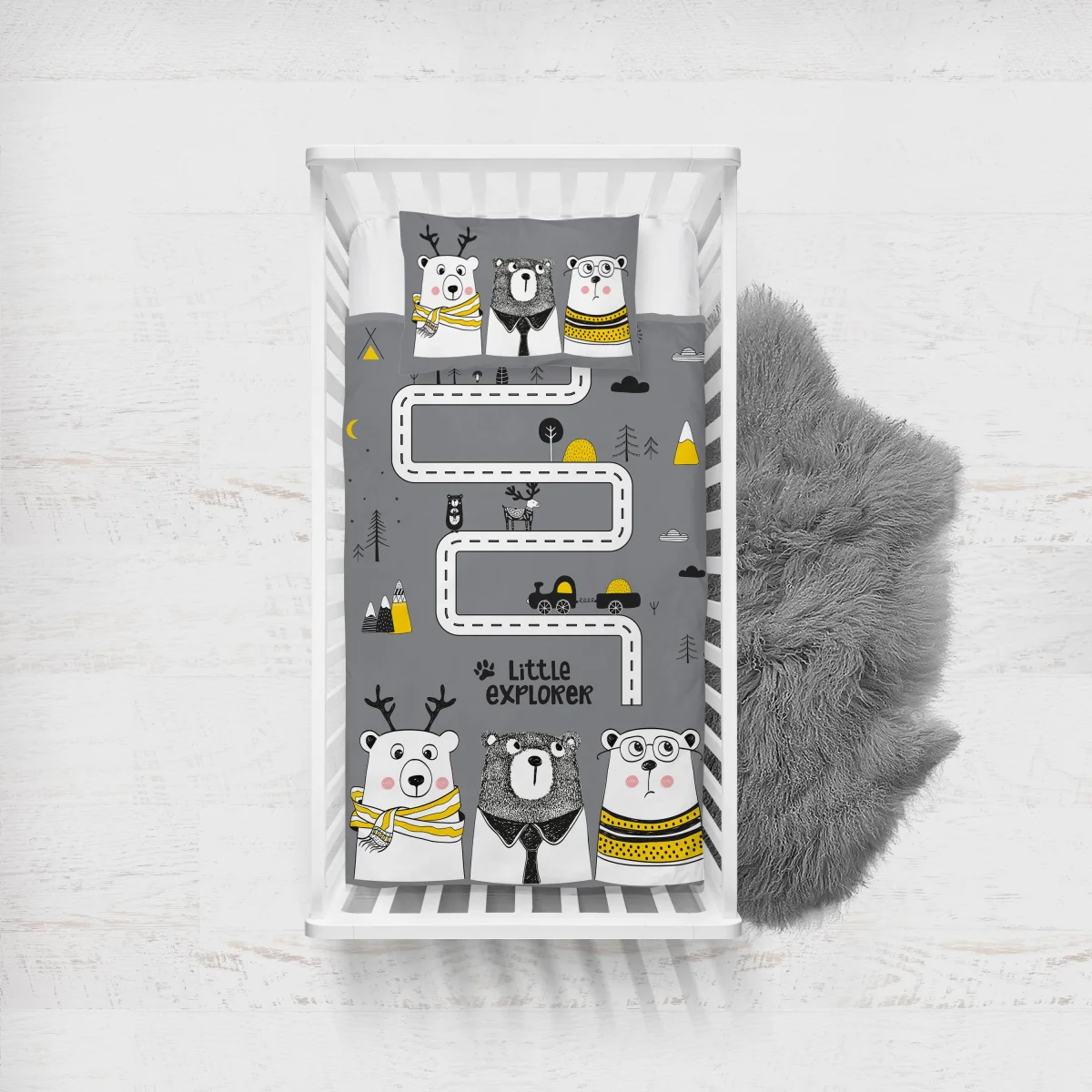 Orman Hayvanları ve Macera Yatak Örtüsü ve Pike | Gri yol, ağaçlar Desenli