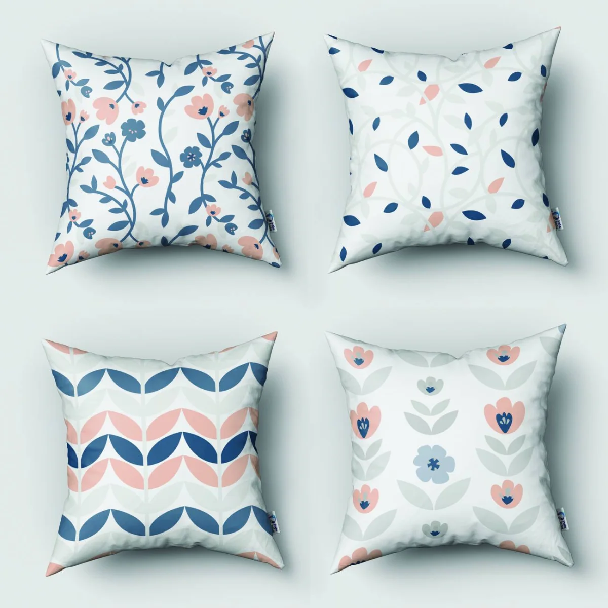 Bitkisel Desenler 4lü Kırlent | Beyaz Açık pembe ve mavi çiçekler, yapraklar Desenli