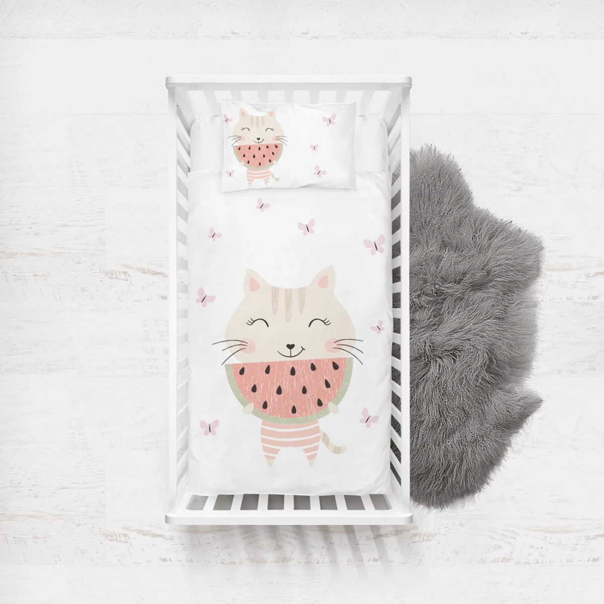 Kedi Yatak Örtüsü ve Pike | Beyaz pembe kelebekler, karpuz Desenli