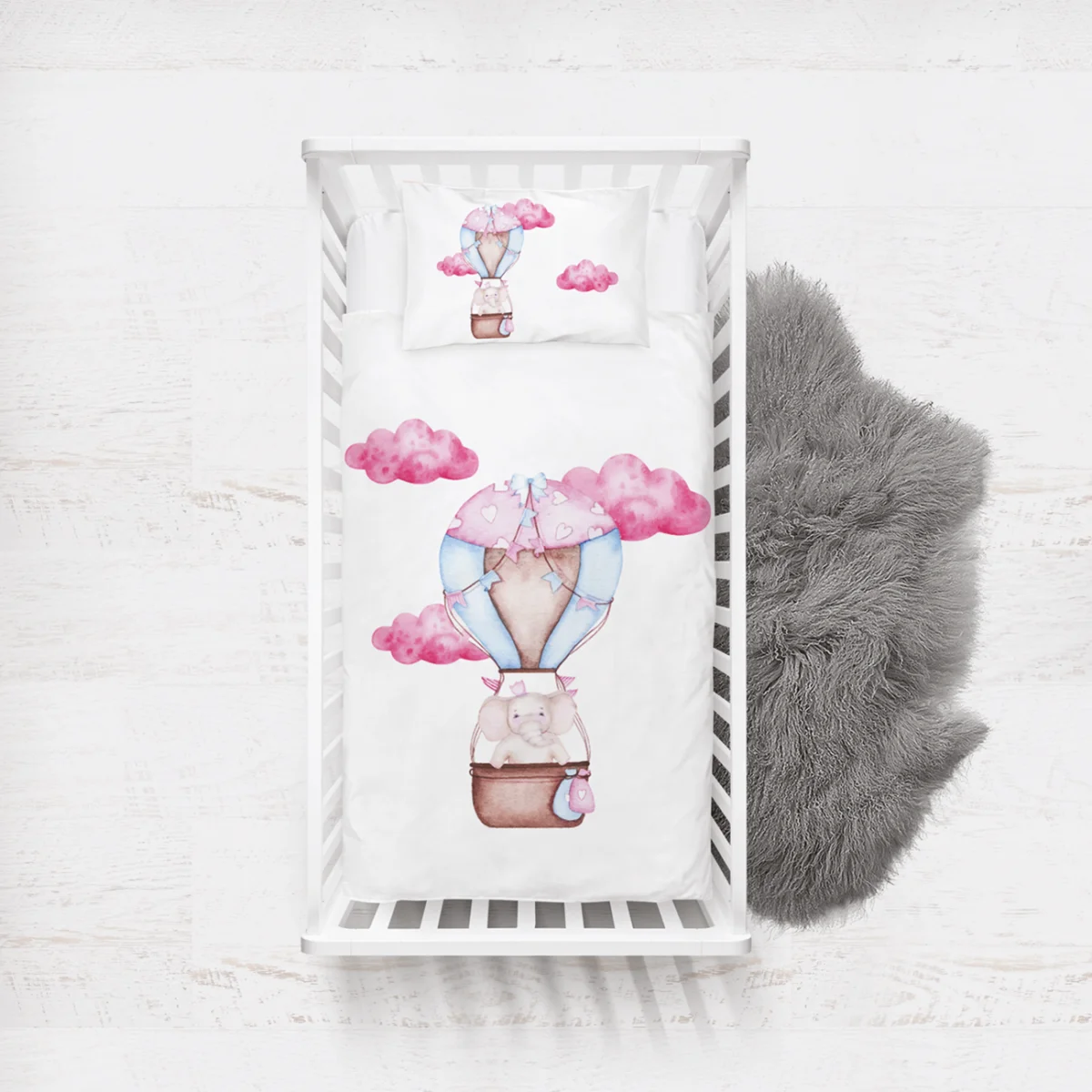 Fil, Sıcak hava balonu Yatak Örtüsü ve Pike | Beyaz pembe bulut, kalp Desenli
