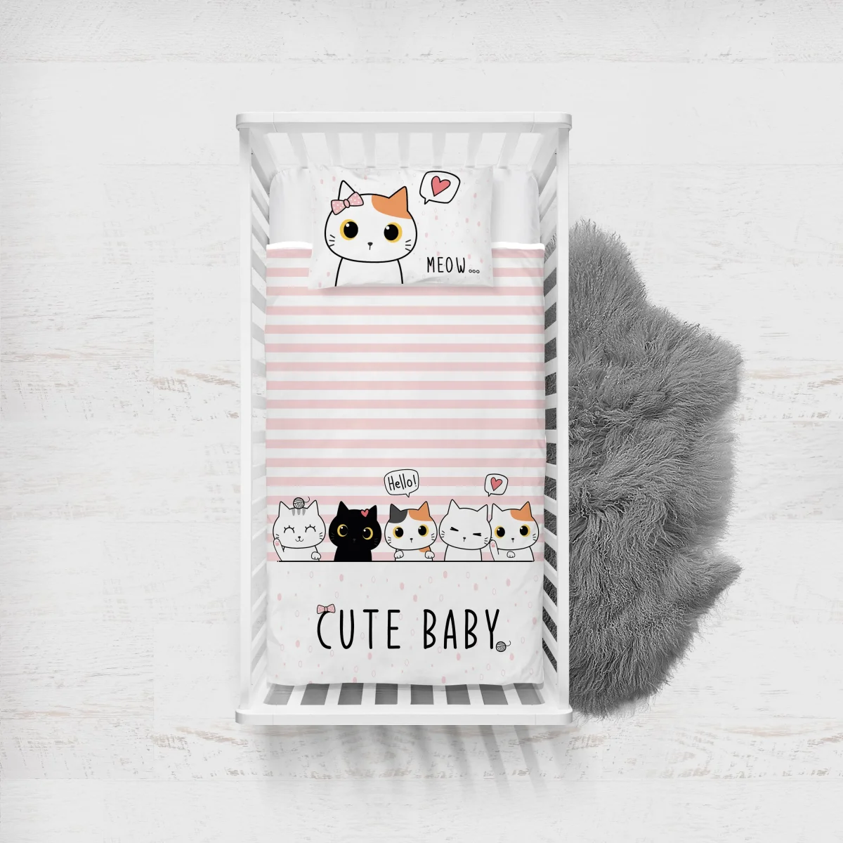 Kedi Yatak Örtüsü ve Pike | Pembe Çizgili, puantiye Desenli