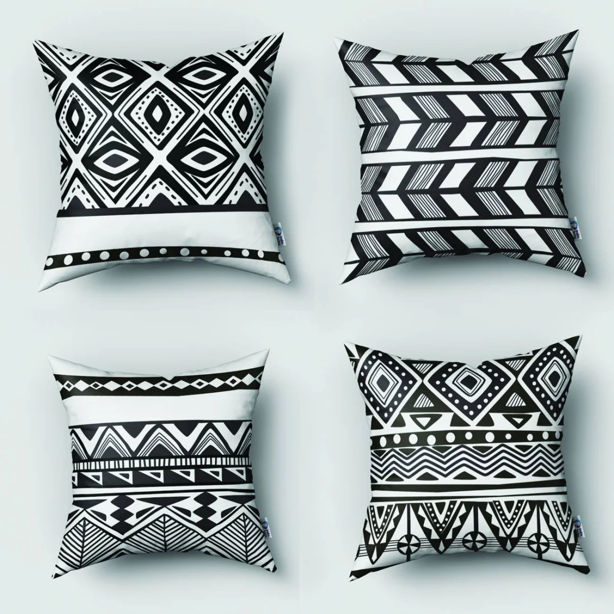 Tribal Desenler 4lü Kırlent | Beyaz geometrik çizgiler, oklar Desenli